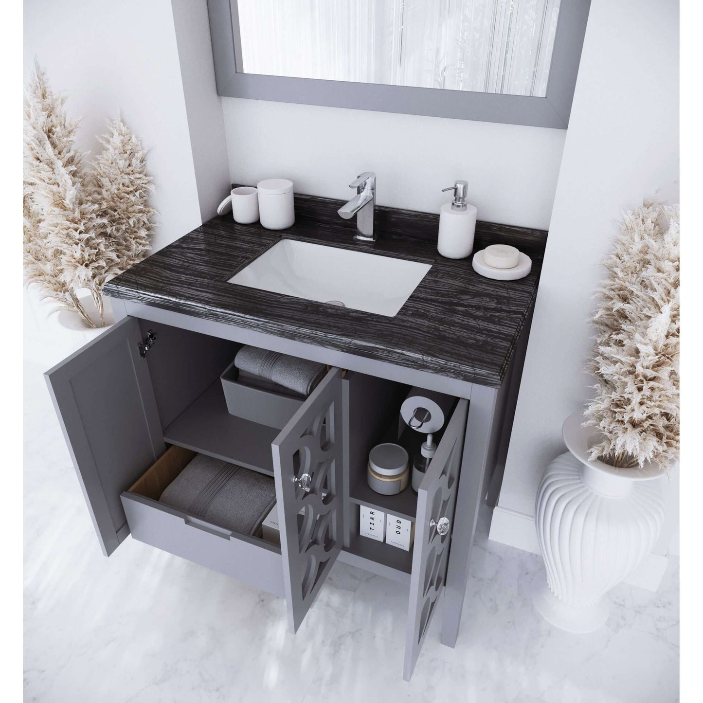 Mediterraneo 36" Grey Bathroom Vanity with Black Wood Marble Countertop - 313MKSH-36G-BW