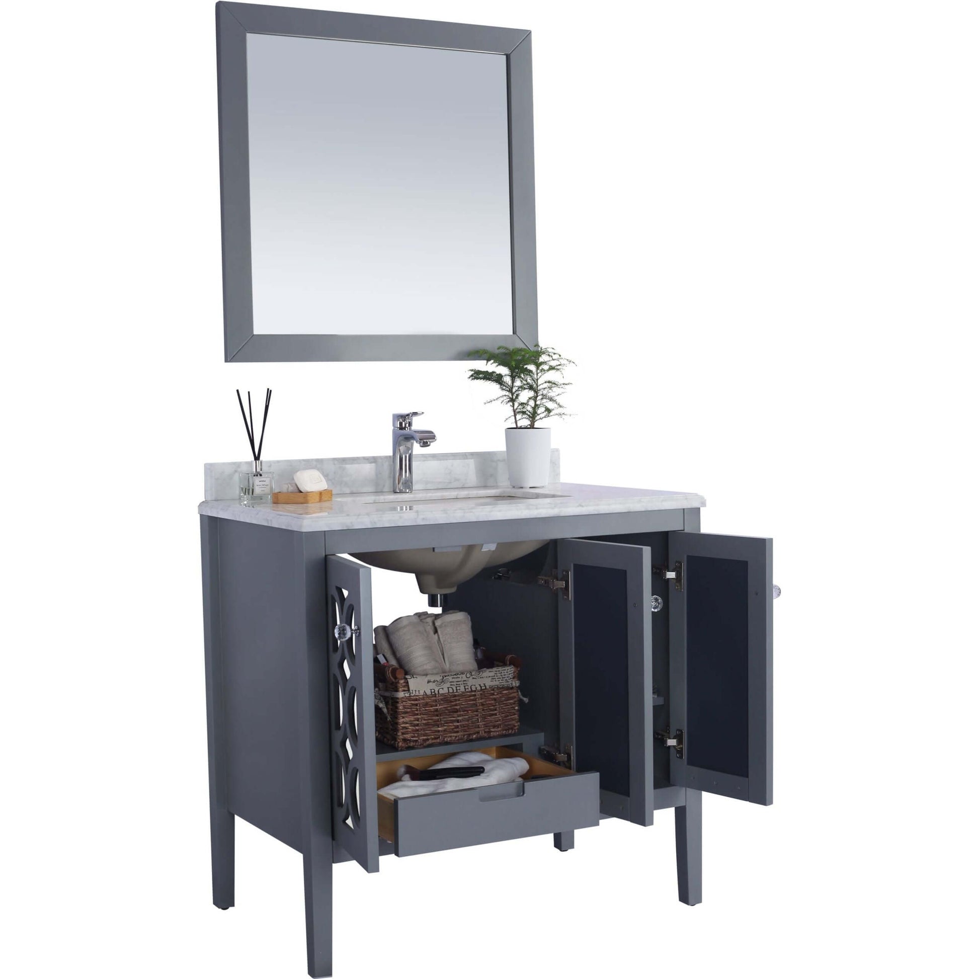 Mediterraneo 36" Grey Bathroom Vanity with Matte Black VIVA Stone Solid Surface Countertop - 313MKSH-36G-MB