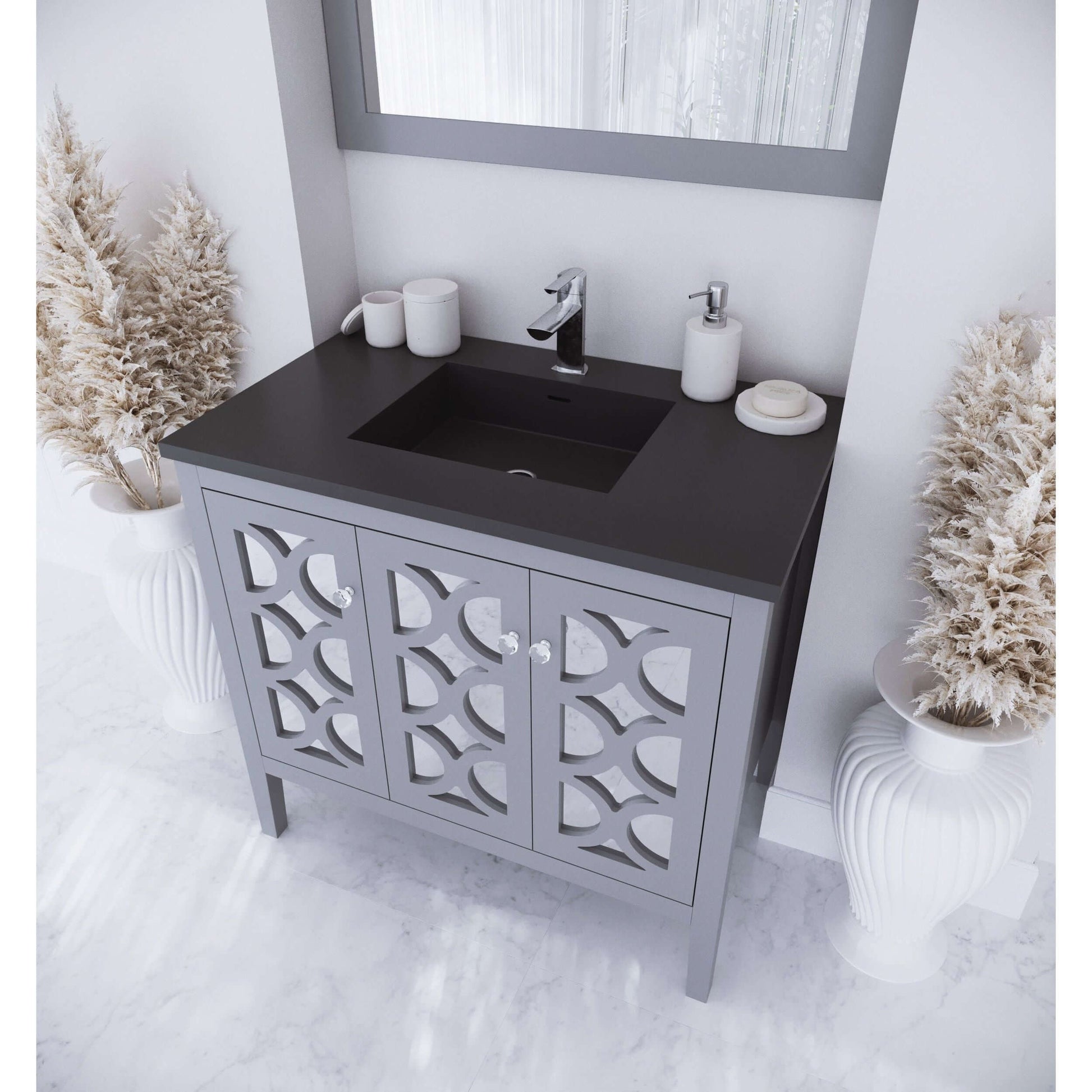 Mediterraneo 36" Grey Bathroom Vanity with Matte Black VIVA Stone Solid Surface Countertop - 313MKSH-36G-MB