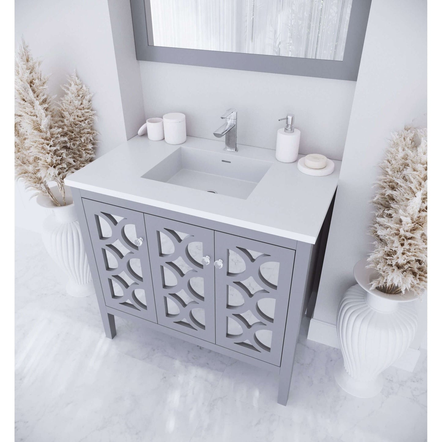 Mediterraneo 36" Grey Bathroom Vanity with Matte White VIVA Stone Solid Surface Countertop - 313MKSH-36G-MW