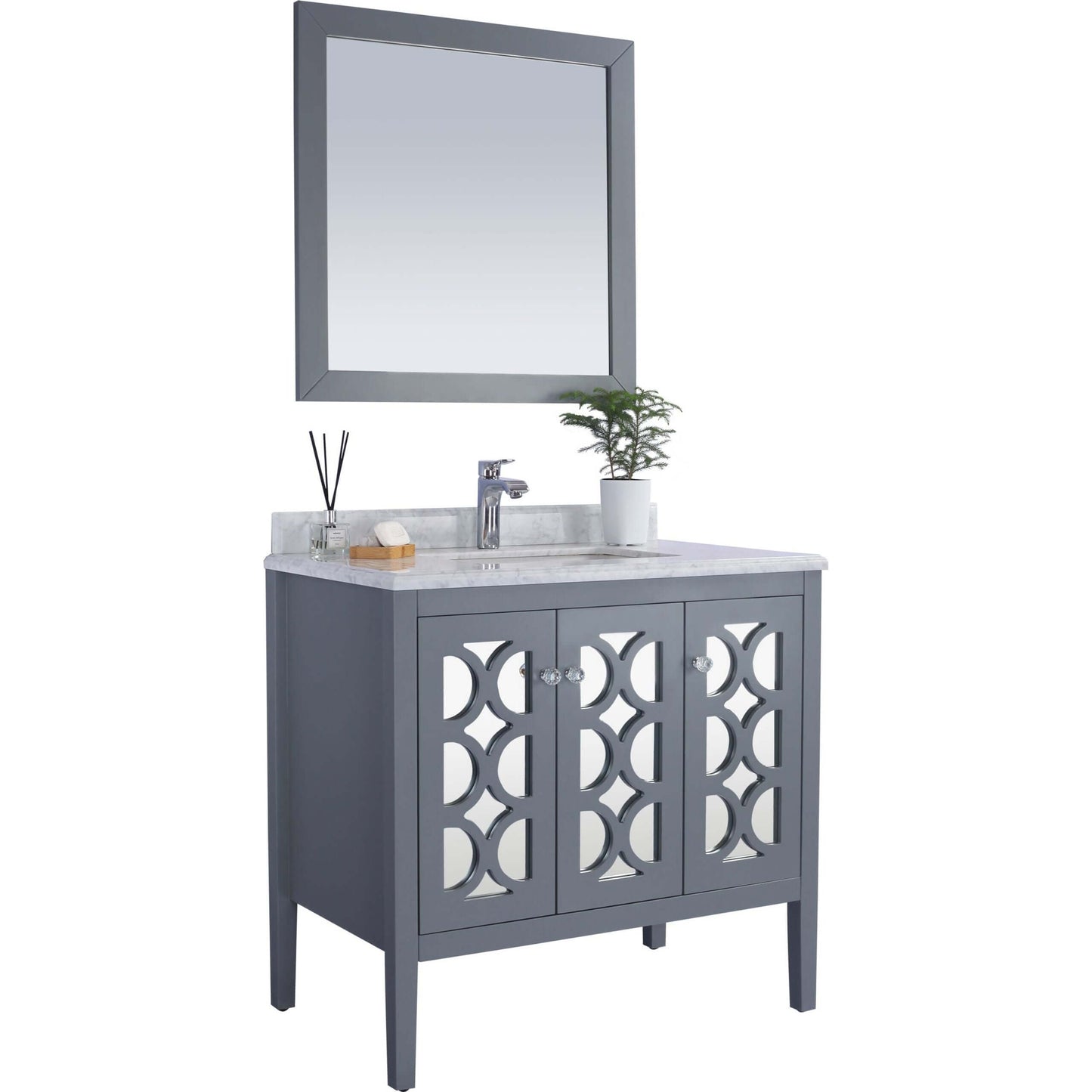 Mediterraneo 36" Grey Bathroom Vanity with White Carrara Marble Countertop - 313MKSH-36G-WC