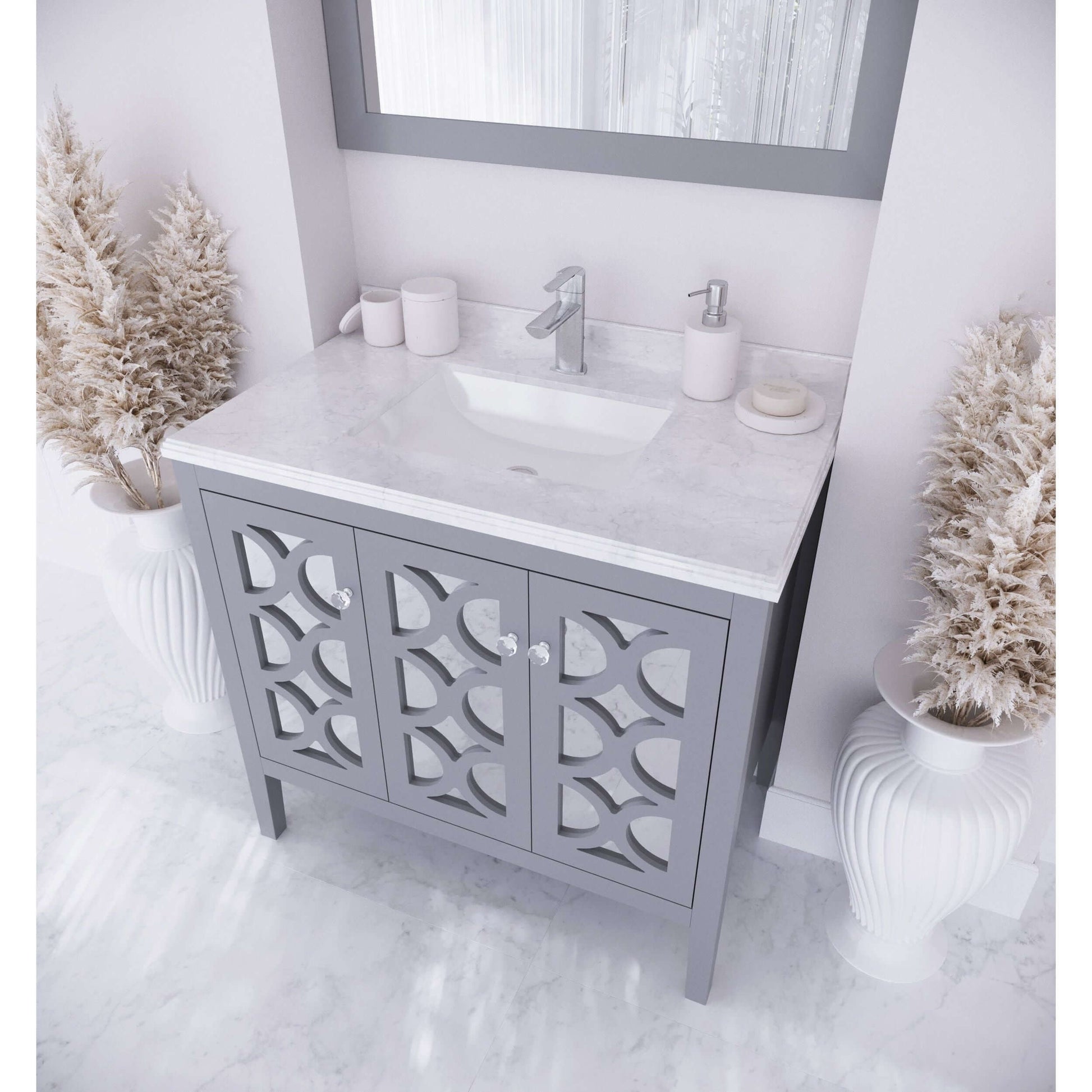 Mediterraneo 36" Grey Bathroom Vanity with White Carrara Marble Countertop - 313MKSH-36G-WC