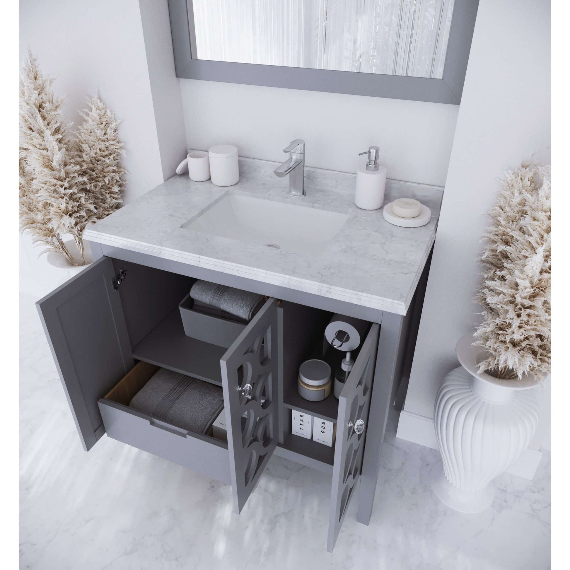 Mediterraneo 36" Grey Bathroom Vanity with White Carrara Marble Countertop - 313MKSH-36G-WC