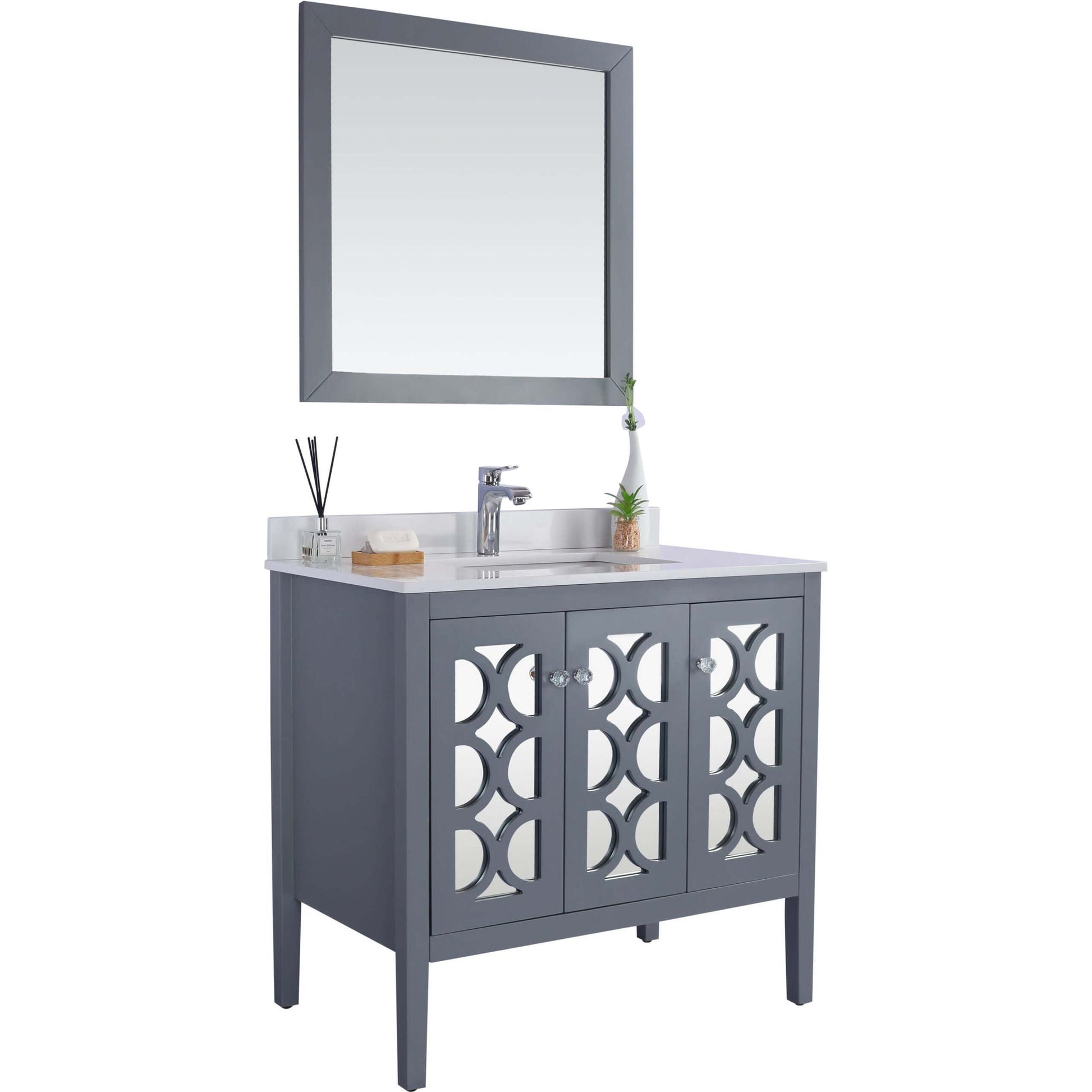 Mediterraneo 36" Grey Bathroom Vanity with White Quartz Countertop - 313MKSH-36G-WQ