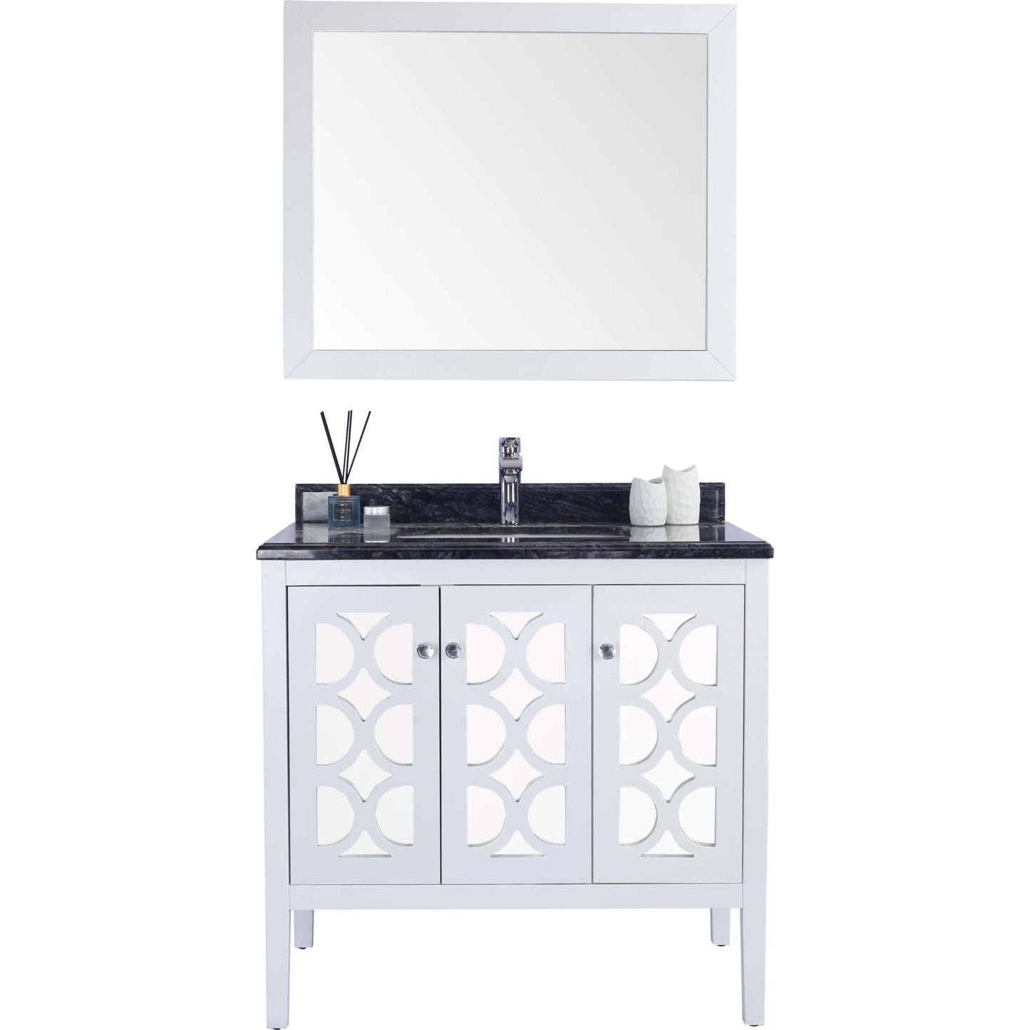 Mediterraneo 36" White Bathroom Vanity with Black Wood Marble Countertop - 313MKSH-36W-BW