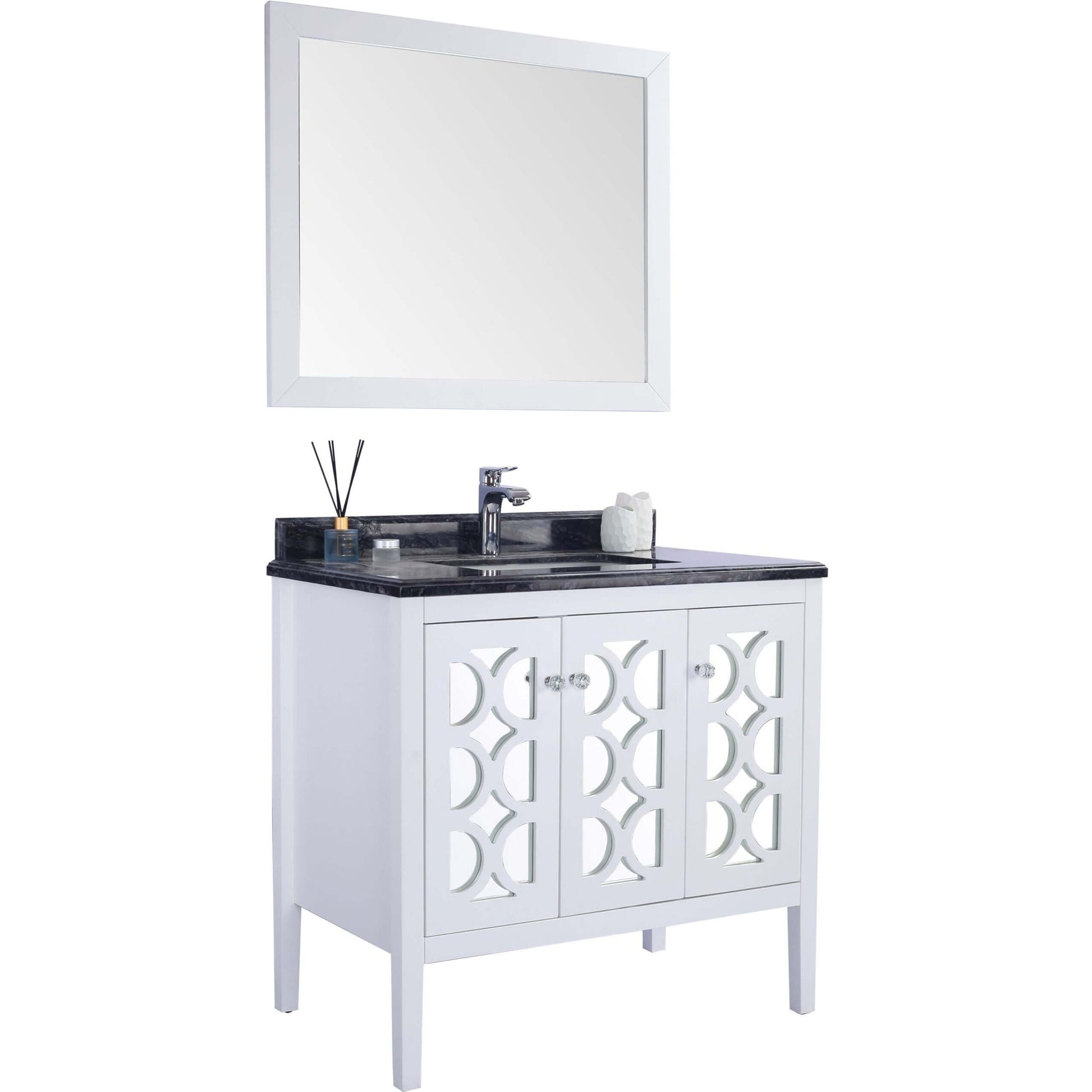 Mediterraneo 36" White Bathroom Vanity with Black Wood Marble Countertop - 313MKSH-36W-BW