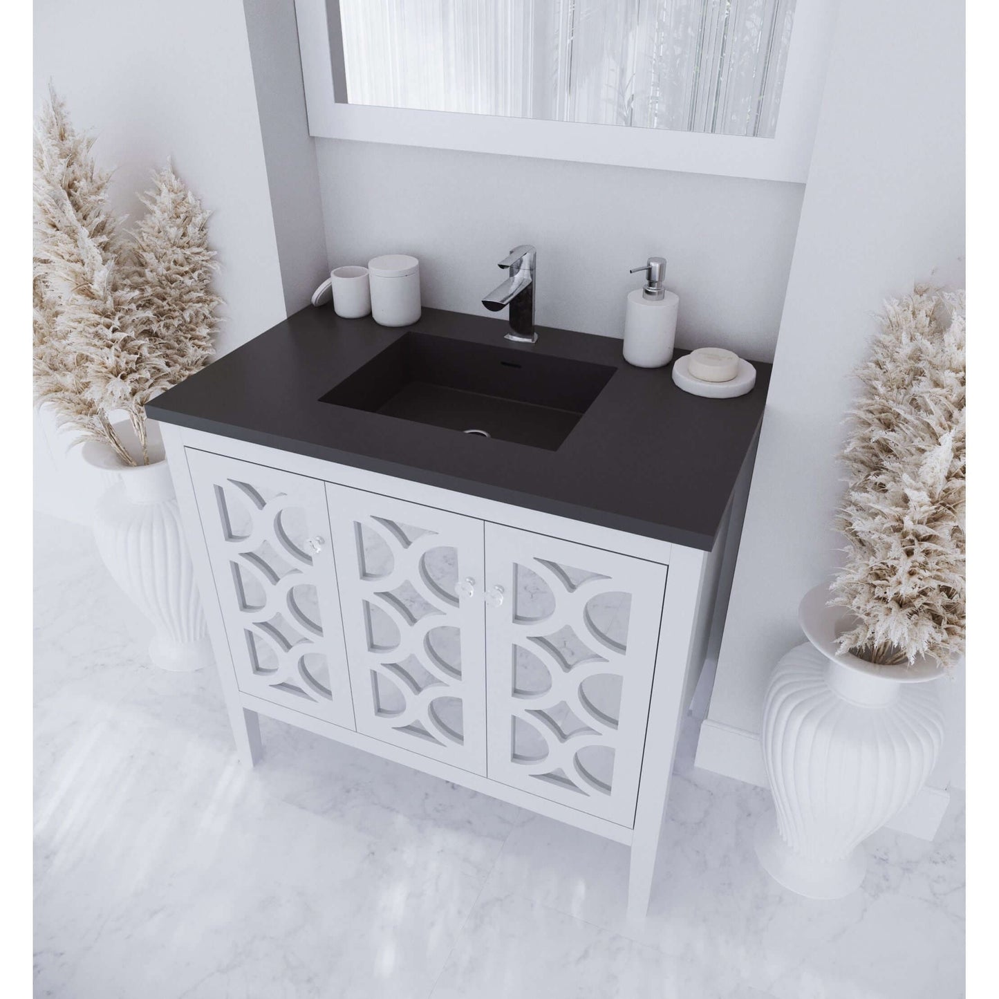 Mediterraneo 36" White Bathroom Vanity with Matte Black VIVA Stone Solid Surface Countertop - 313MKSH-36W-MB