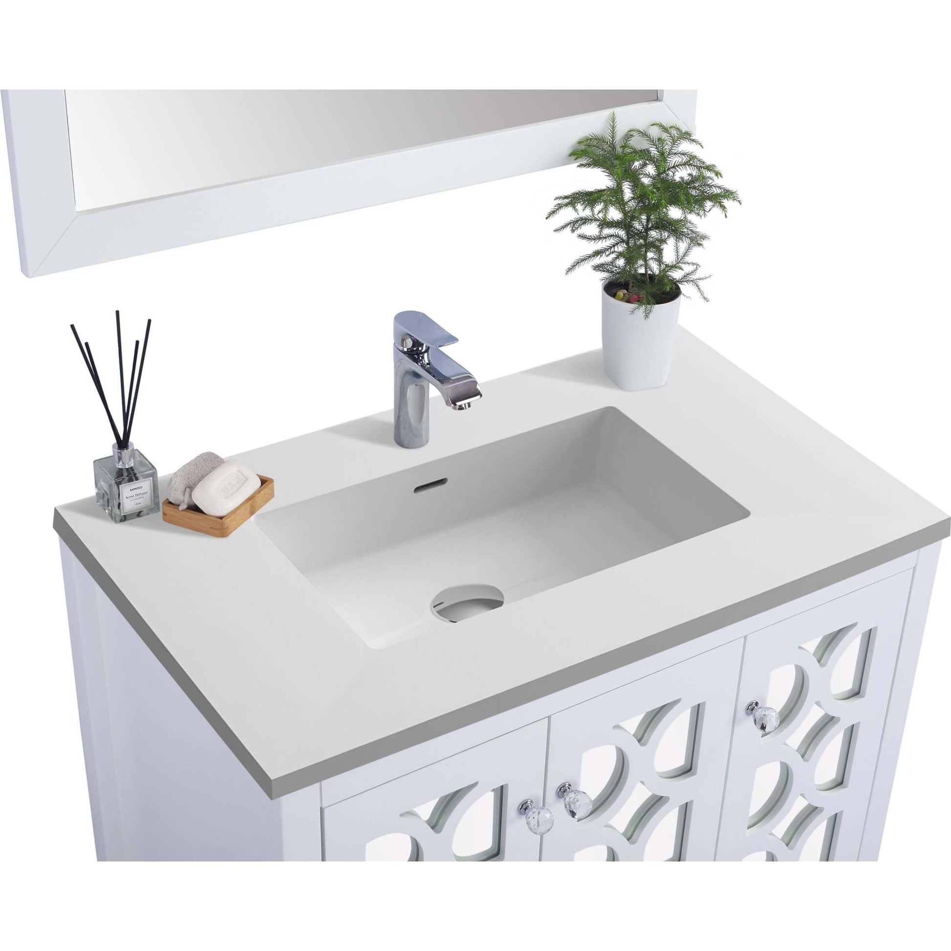 Mediterraneo 36" White Bathroom Vanity with Matte White VIVA Stone Solid Surface Countertop - 313MKSH-36W-MW