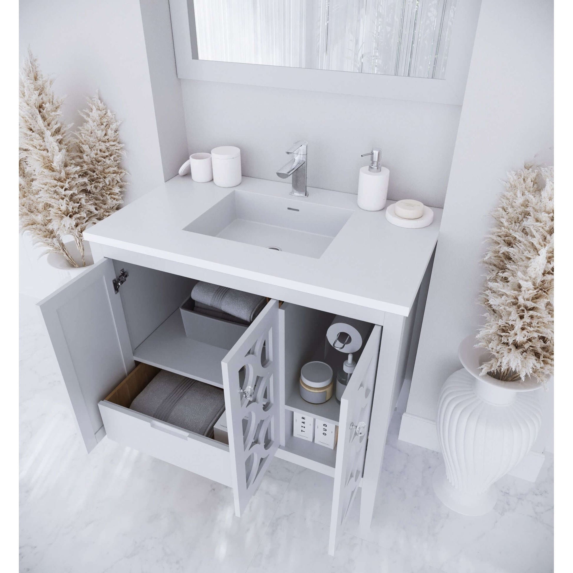 Mediterraneo 36" White Bathroom Vanity with Matte White VIVA Stone Solid Surface Countertop - 313MKSH-36W-MW