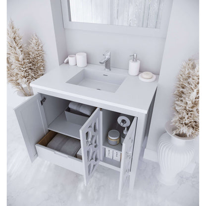 Mediterraneo 36" White Bathroom Vanity with Matte White VIVA Stone Solid Surface Countertop - 313MKSH-36W-MW