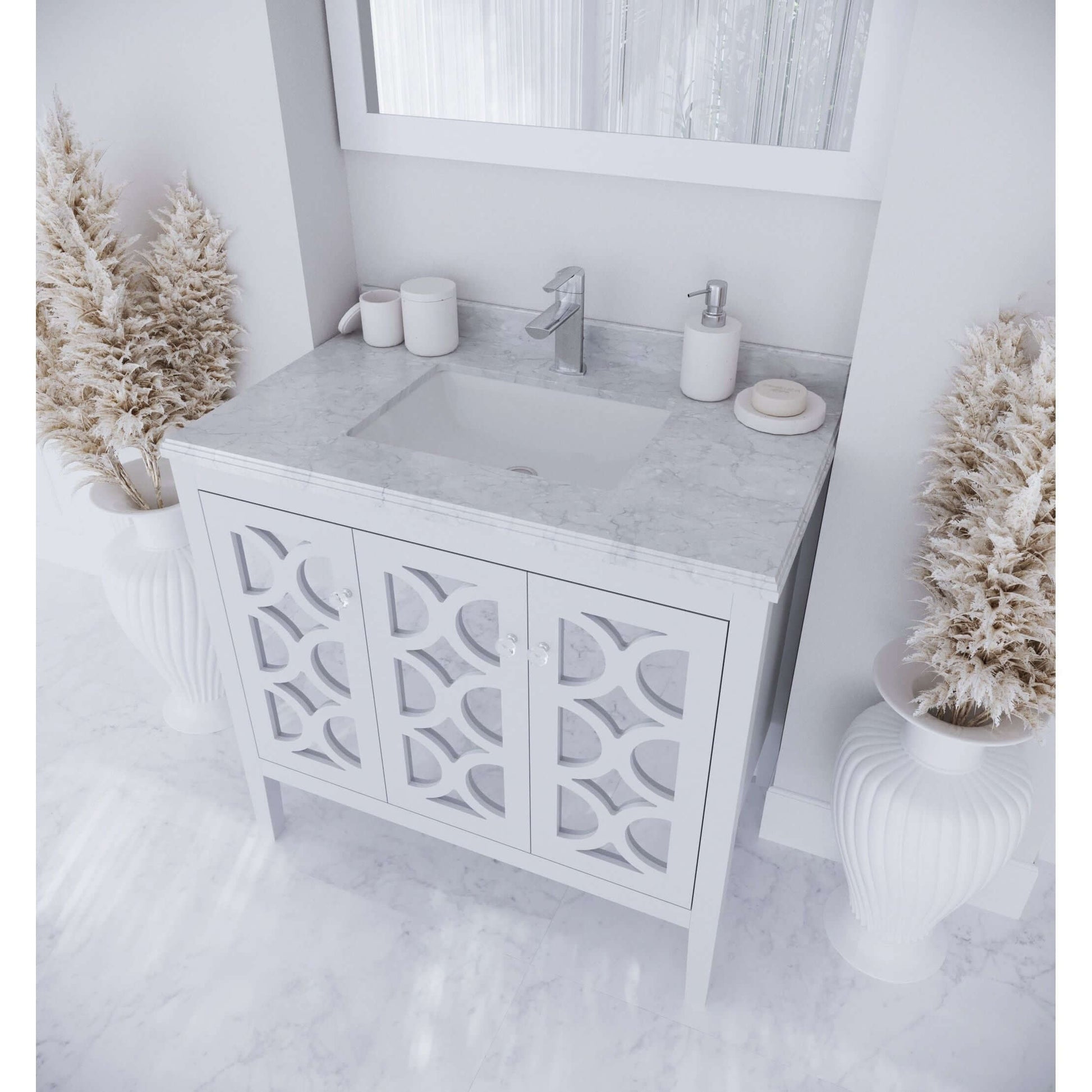 Mediterraneo 36" White Bathroom Vanity with White Carrara Marble Countertop - 313MKSH-36W-WC