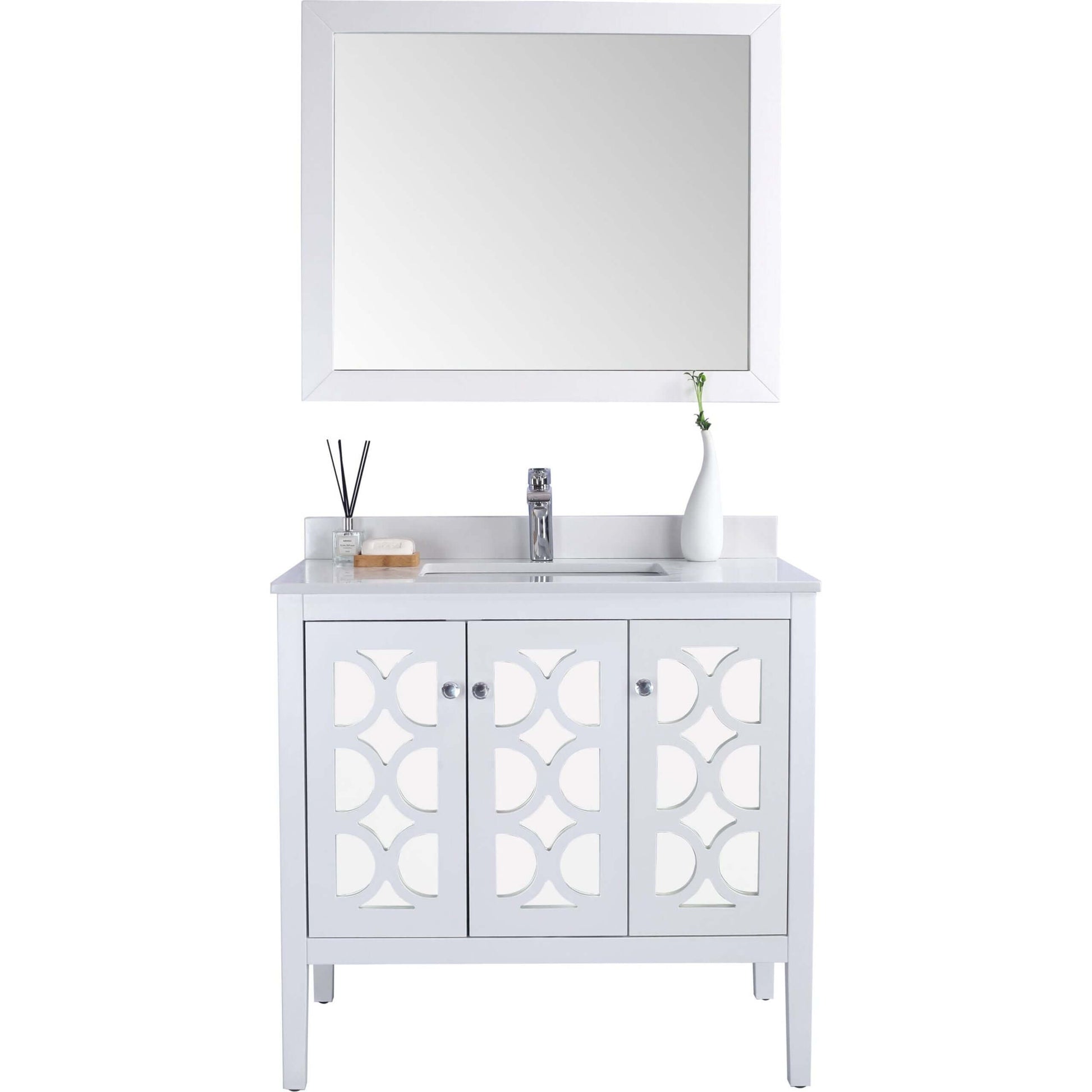 Mediterraneo 36" White Bathroom Vanity with White Quartz Countertop - 313MKSH-36W-WQ