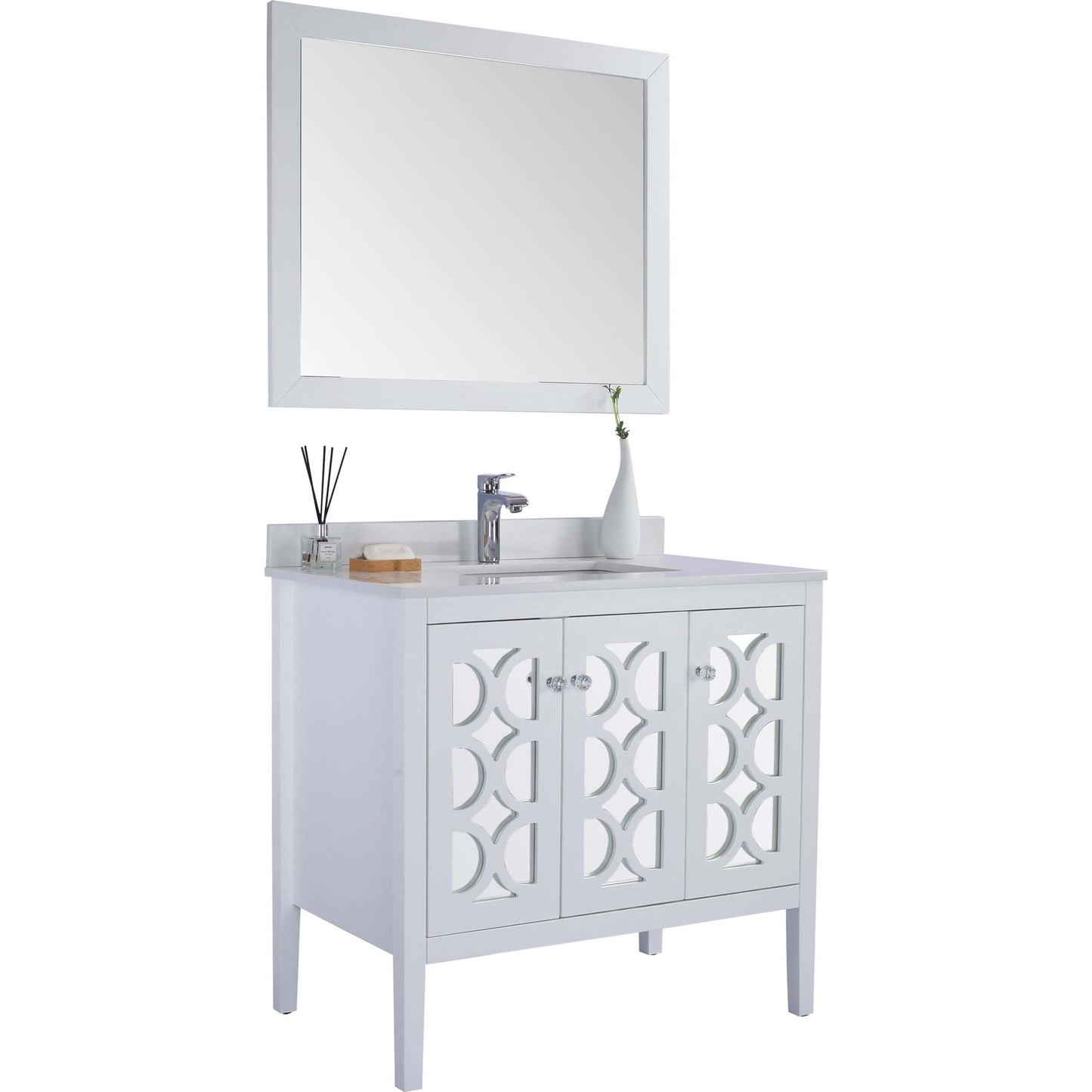 Mediterraneo 36" White Bathroom Vanity with White Quartz Countertop - 313MKSH-36W-WQ