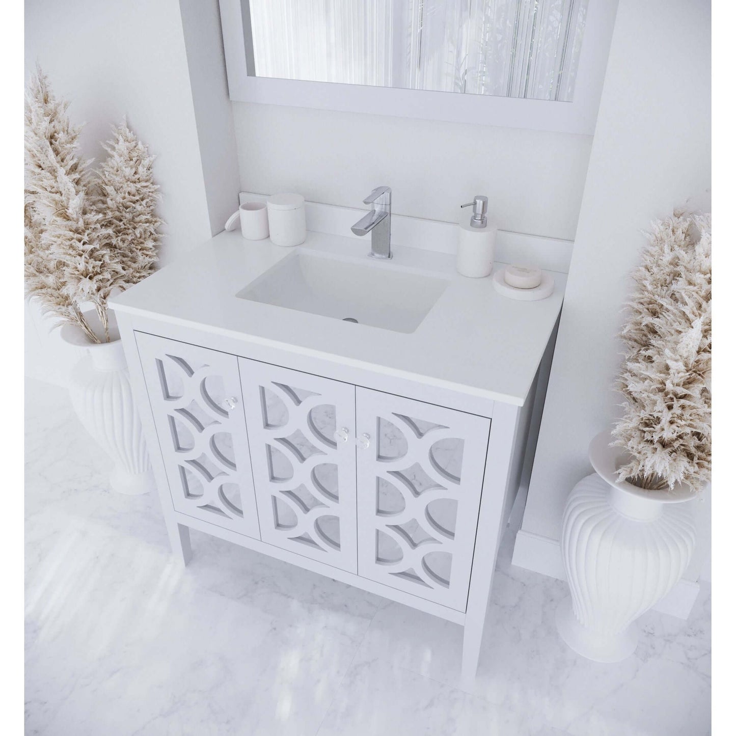 Mediterraneo 36" White Bathroom Vanity with White Quartz Countertop - 313MKSH-36W-WQ