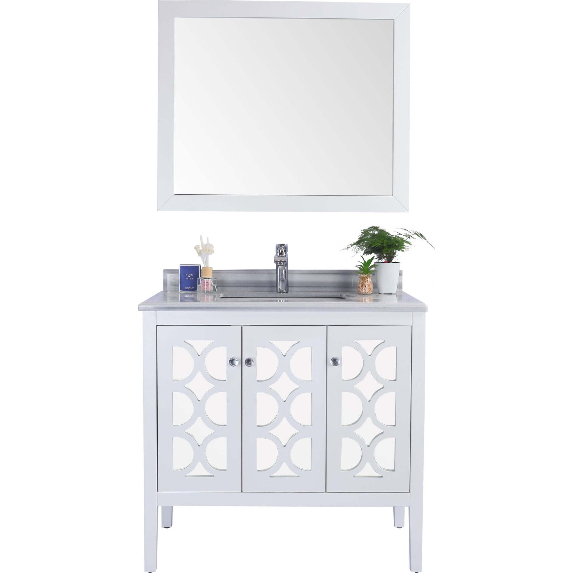 Mediterraneo 36" White Bathroom Vanity with White Stripes Marble Countertop - 313MKSH-36W-WS