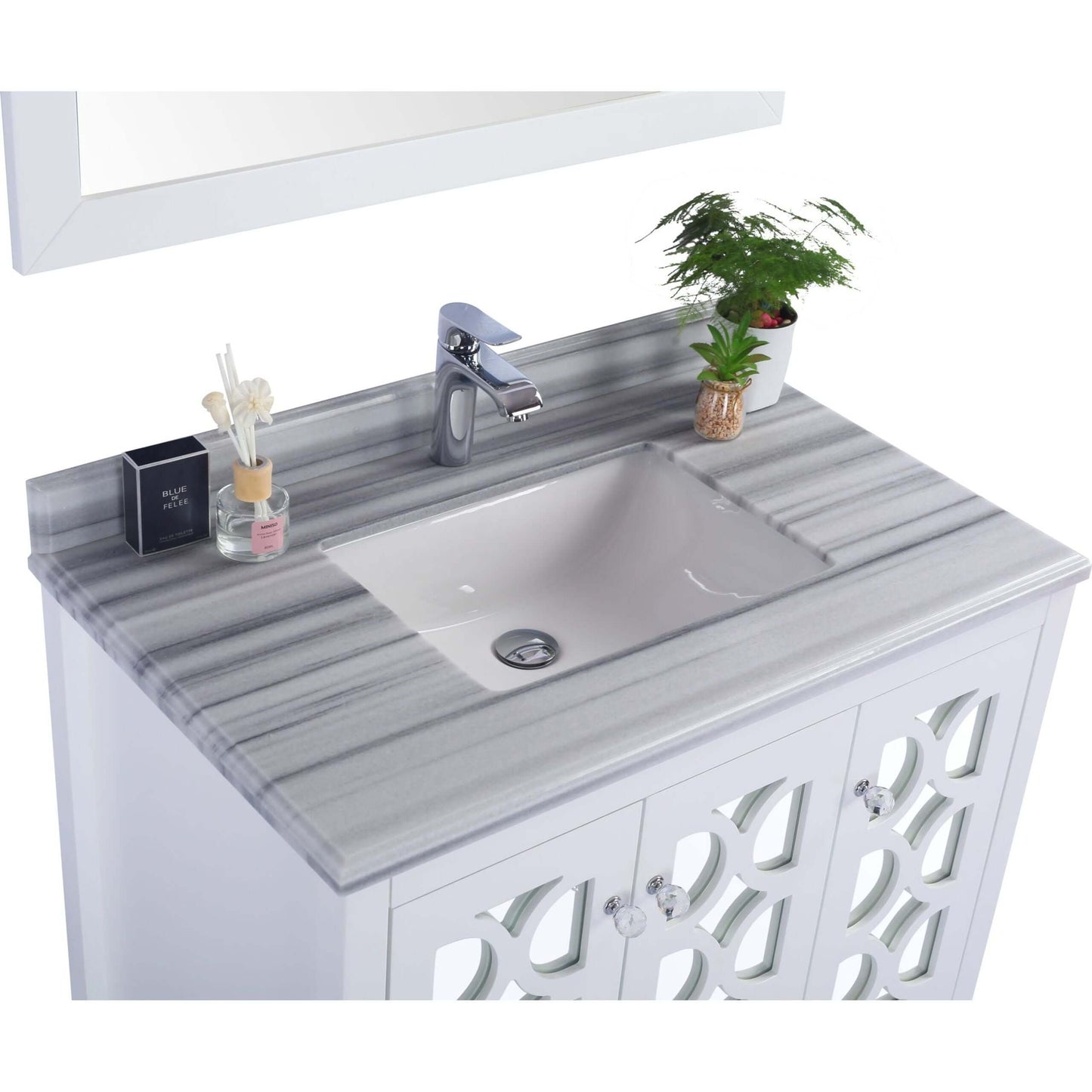 Mediterraneo 36" White Bathroom Vanity with White Stripes Marble Countertop - 313MKSH-36W-WS