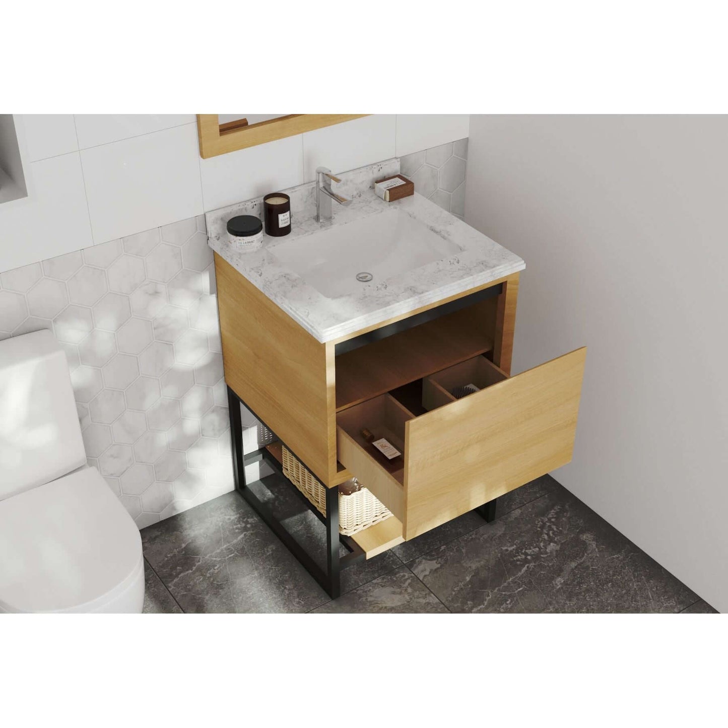 Alto 24" California White Oak Bathroom Vanity with White Carrara Marble Countertop - 313SMR-24CO-WC