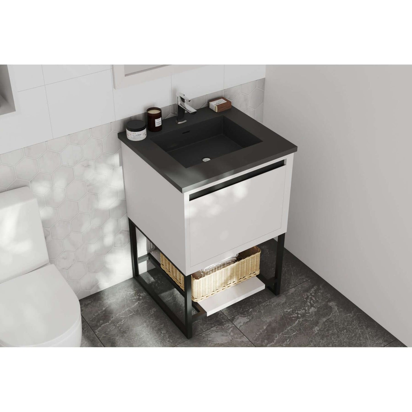 Alto 24" White Bathroom Vanity with Matte Black VIVA Stone Solid Surface Countertop - 313SMR-24W-MB