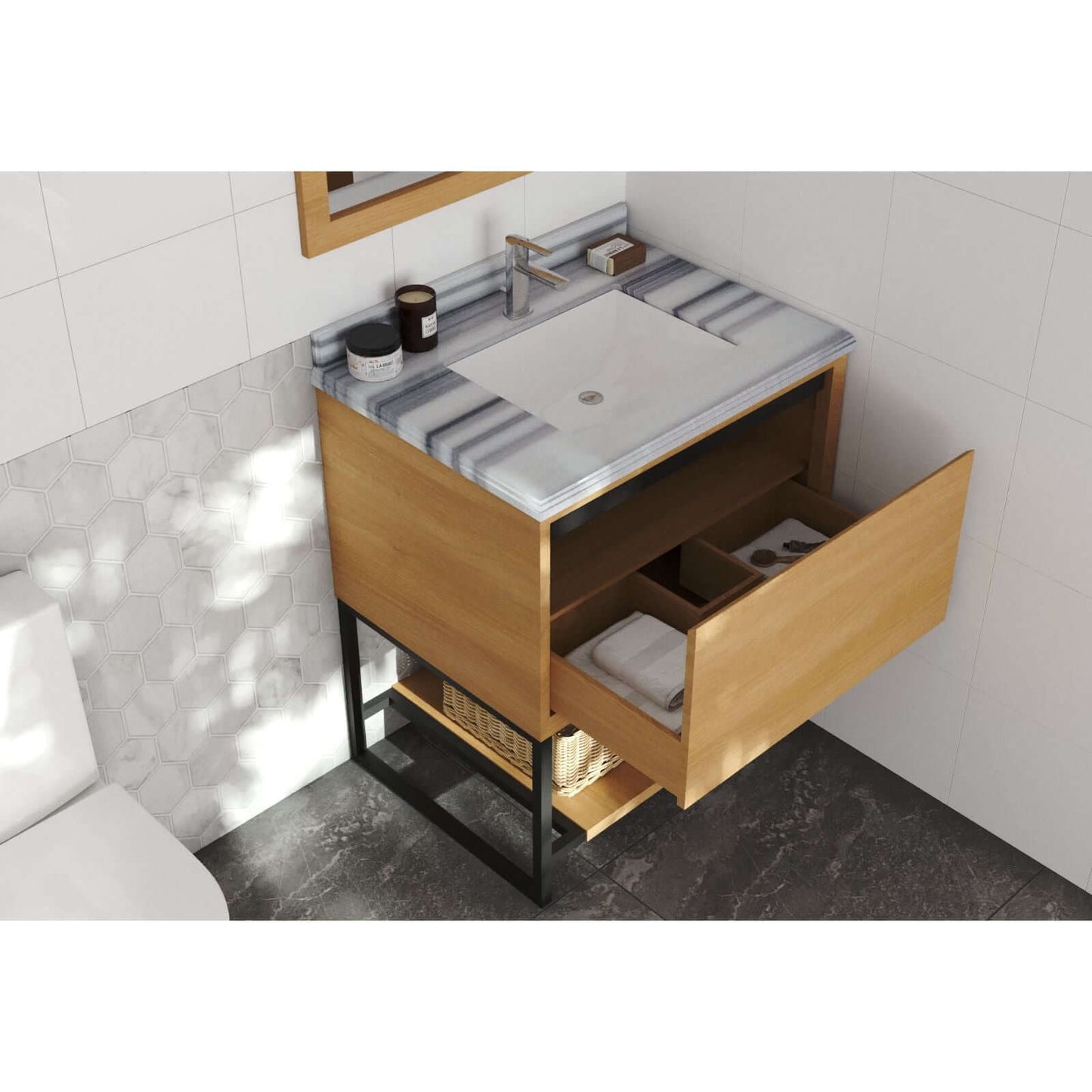 Alto 30" California White Oak Bathroom Vanity with White Stripes Marble Countertop - 313SMR-30CO-WS