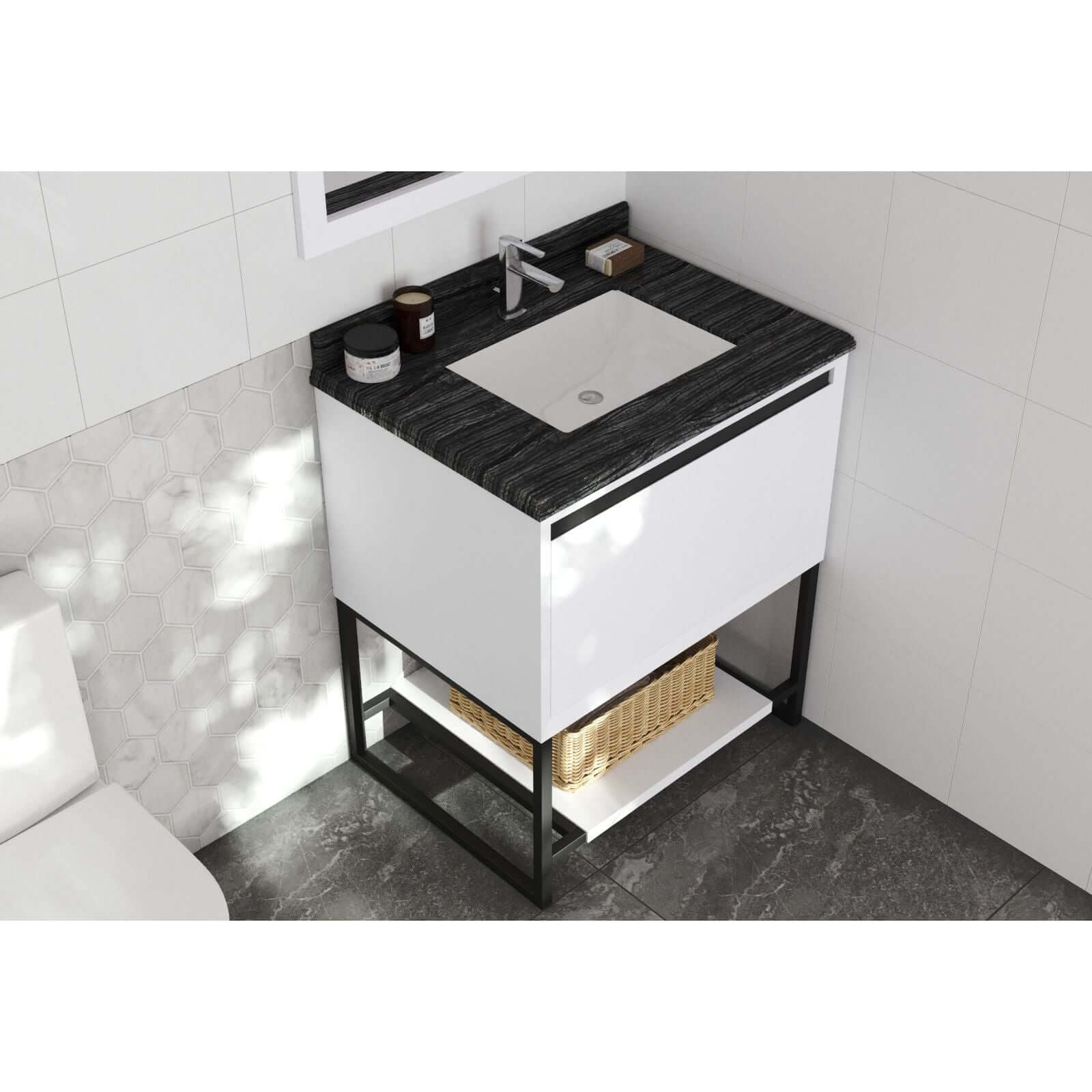 Alto 30" White Bathroom Vanity with Black Wood Marble Countertop - 313SMR-30W-BW