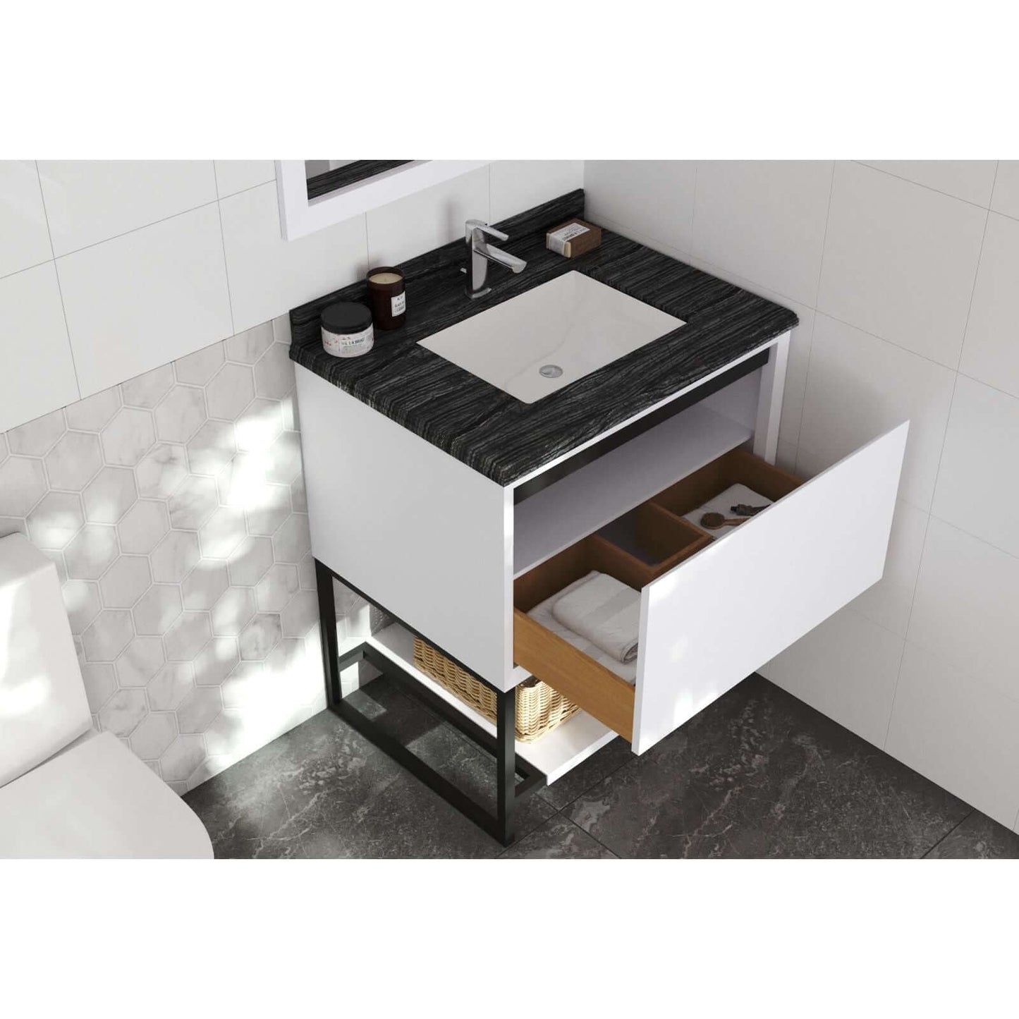 Alto 30" White Bathroom Vanity with Black Wood Marble Countertop - 313SMR-30W-BW