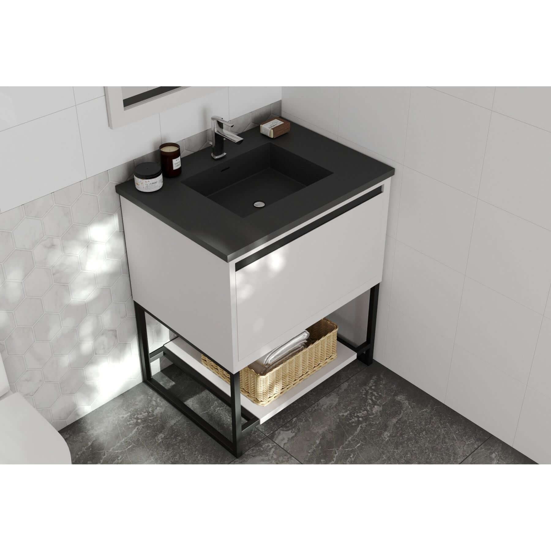 Alto 30" White Bathroom Vanity with Matte Black VIVA Stone Solid Surface Countertop - 313SMR-30W-MB