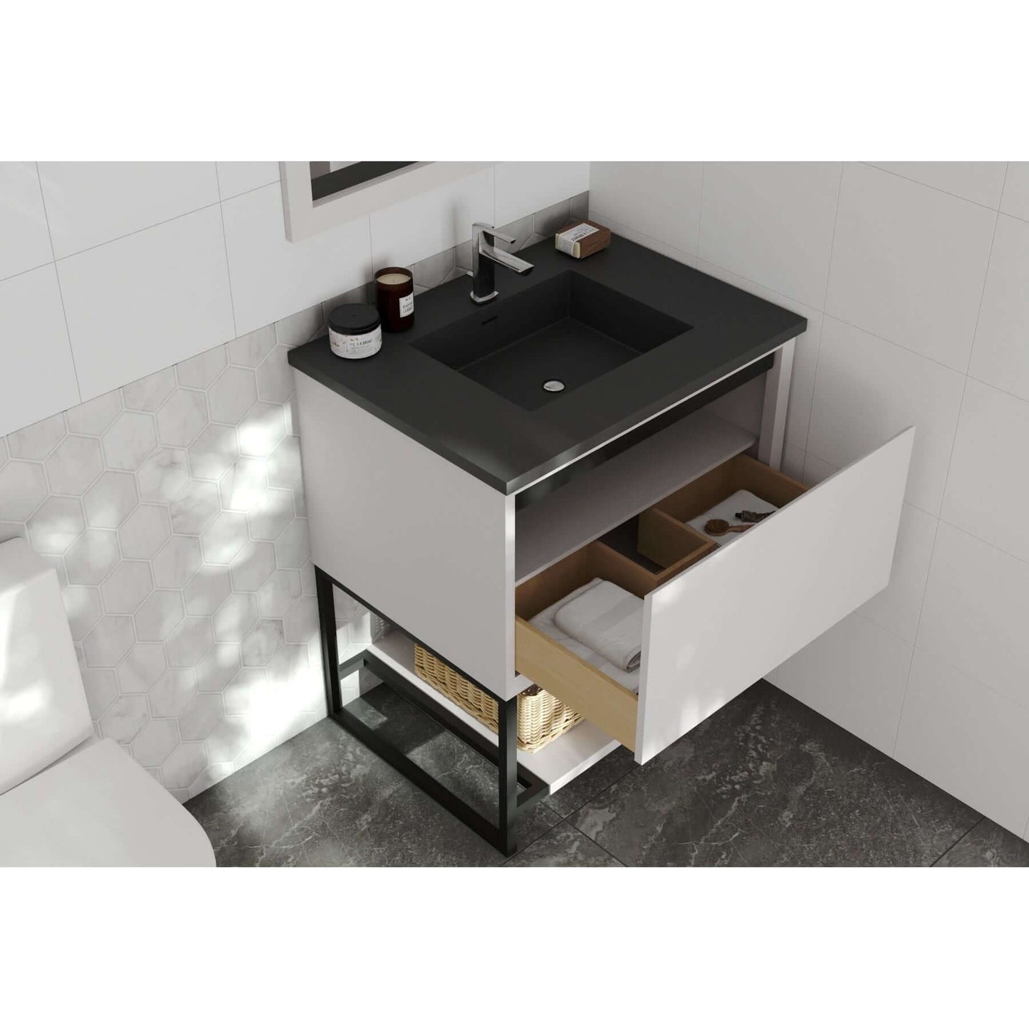 Alto 30" White Bathroom Vanity with Matte Black VIVA Stone Solid Surface Countertop - 313SMR-30W-MB