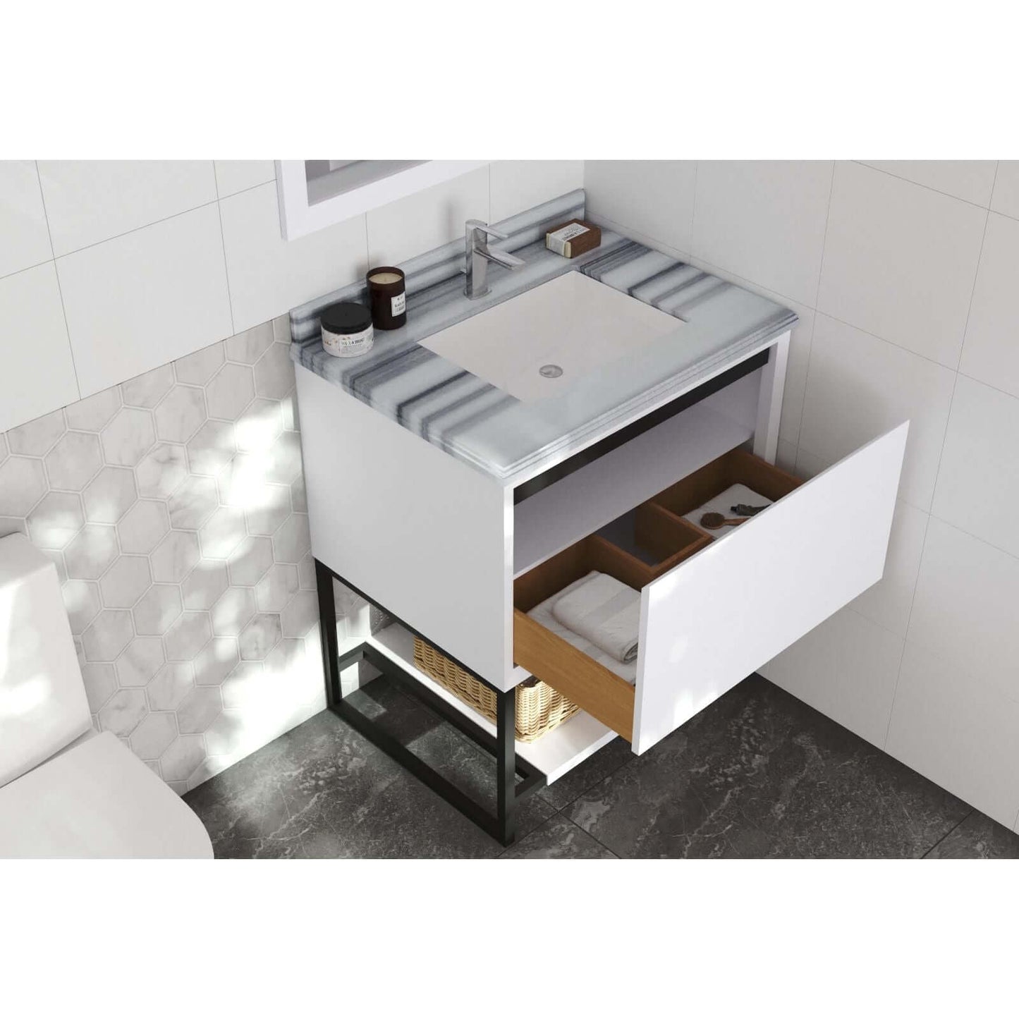 Alto 30" White Bathroom Vanity with White Stripes Marble Countertop - 313SMR-30W-WS