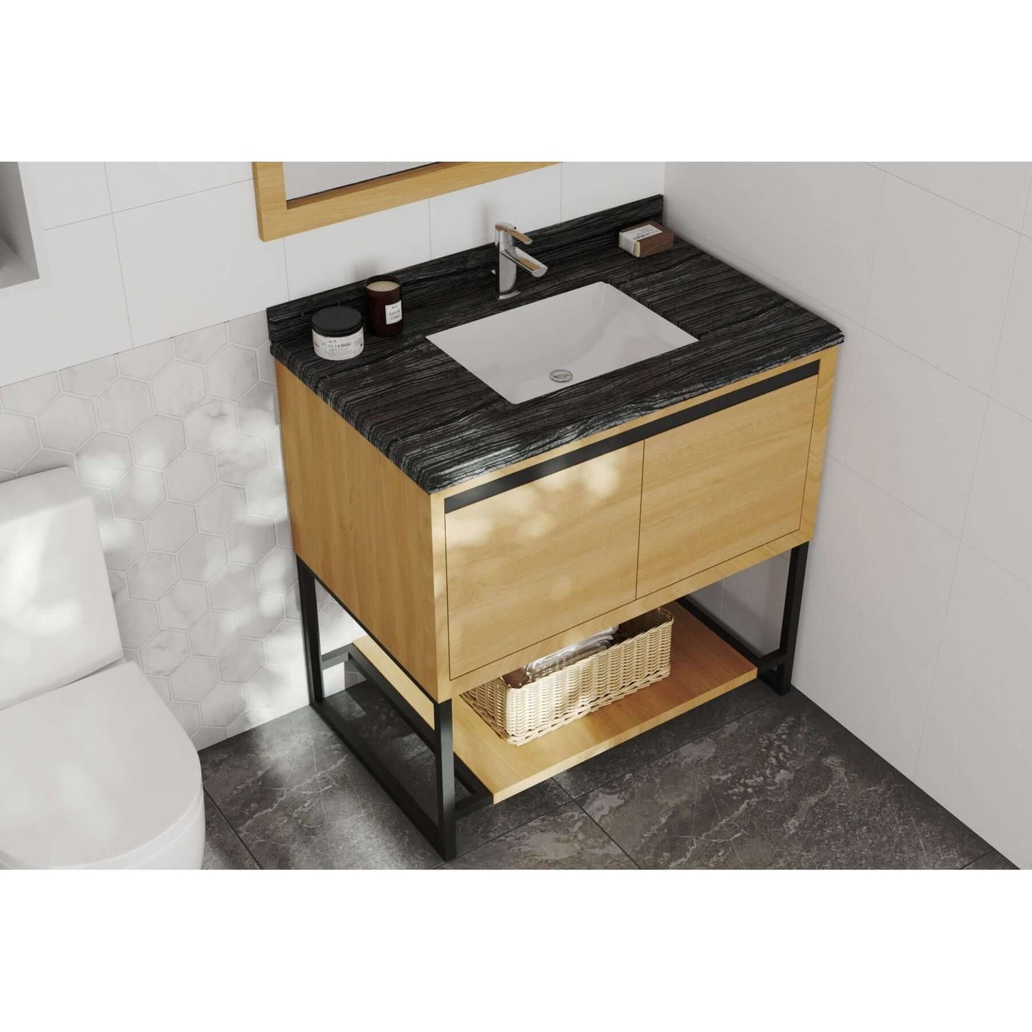 Alto 36" California White Oak Bathroom Vanity with Black Wood Marble Countertop - 313SMR-36CO-BW