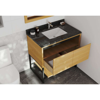 Alto 36" California White Oak Bathroom Vanity with Black Wood Marble Countertop - 313SMR-36CO-BW