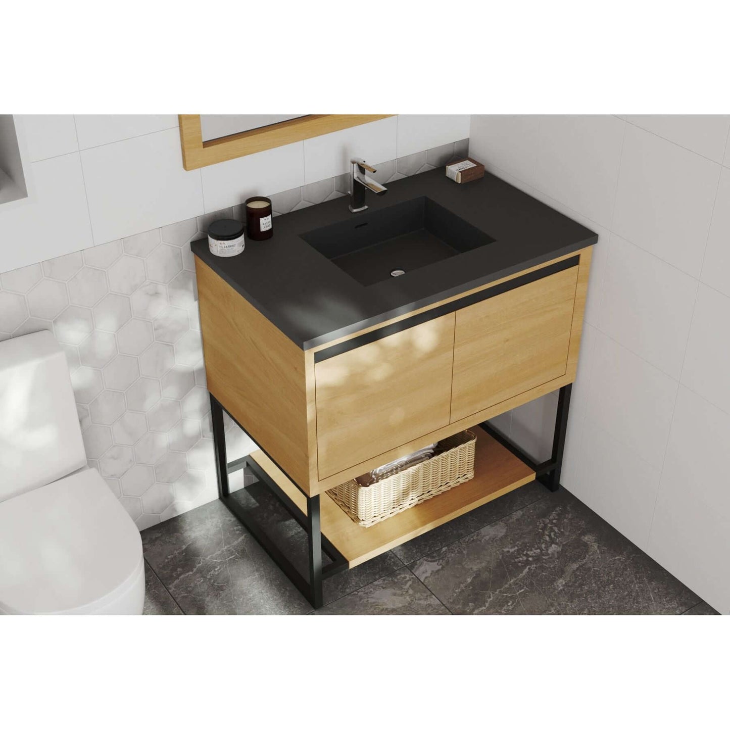 Alto 36" California White Oak Bathroom Vanity with Matte Black VIVA Stone Solid Surface Countertop - 313SMR-36CO-MB