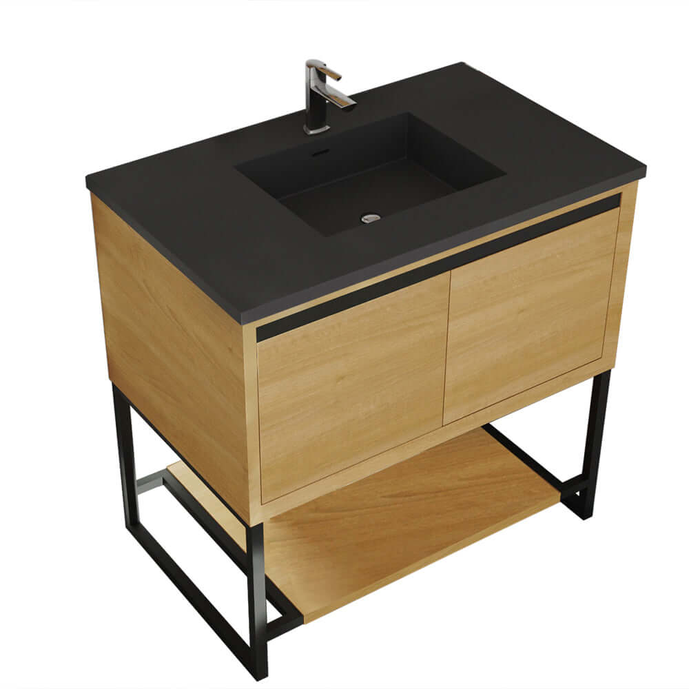 Alto 36" California White Oak Bathroom Vanity with Matte Black VIVA Stone Solid Surface Countertop - 313SMR-36CO-MB