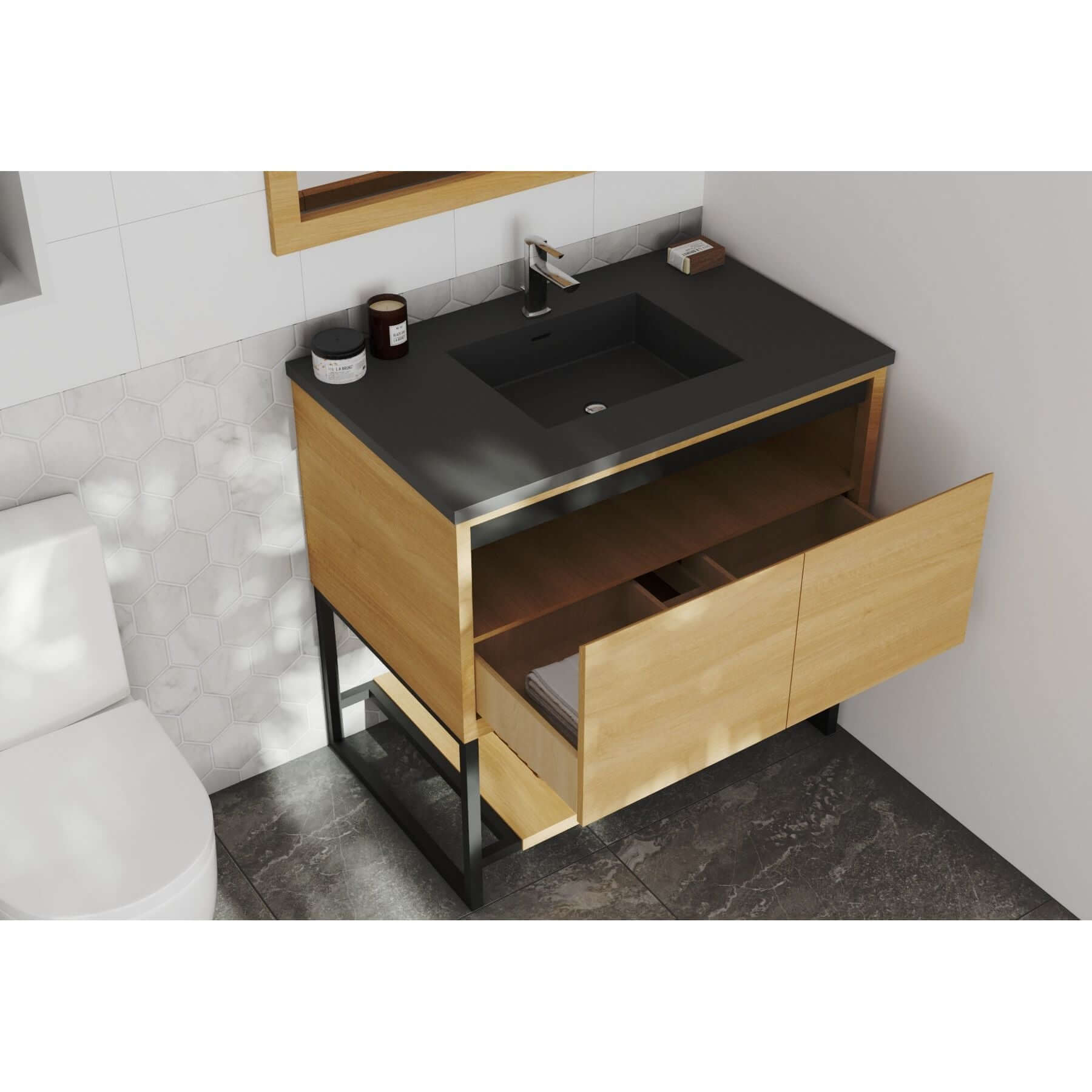 Alto 36" California White Oak Bathroom Vanity with Matte Black VIVA Stone Solid Surface Countertop - 313SMR-36CO-MB