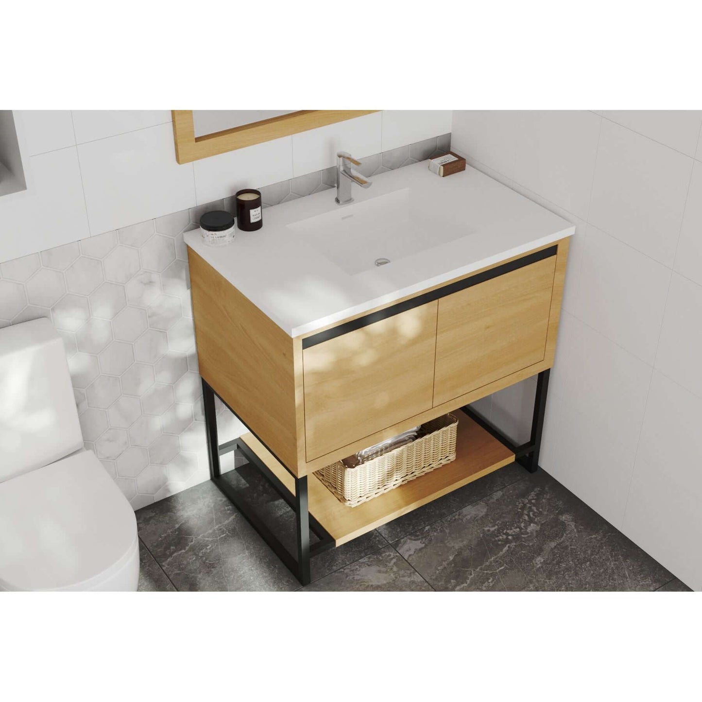 Alto 36" California White Oak Bathroom Vanity with Matte White VIVA Stone Solid Surface Countertop - 313SMR-36CO-MW