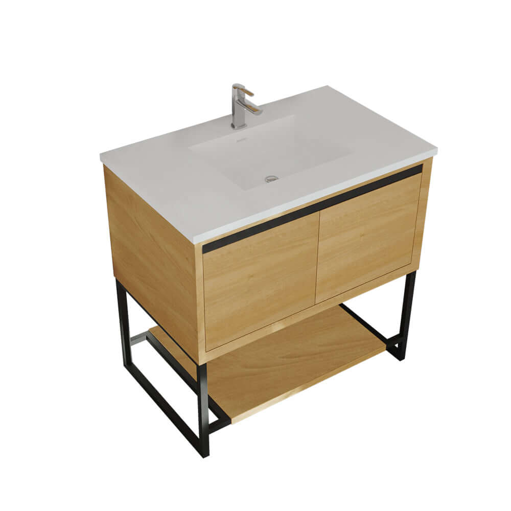 Alto 36" California White Oak Bathroom Vanity with Matte White VIVA Stone Solid Surface Countertop - 313SMR-36CO-MW