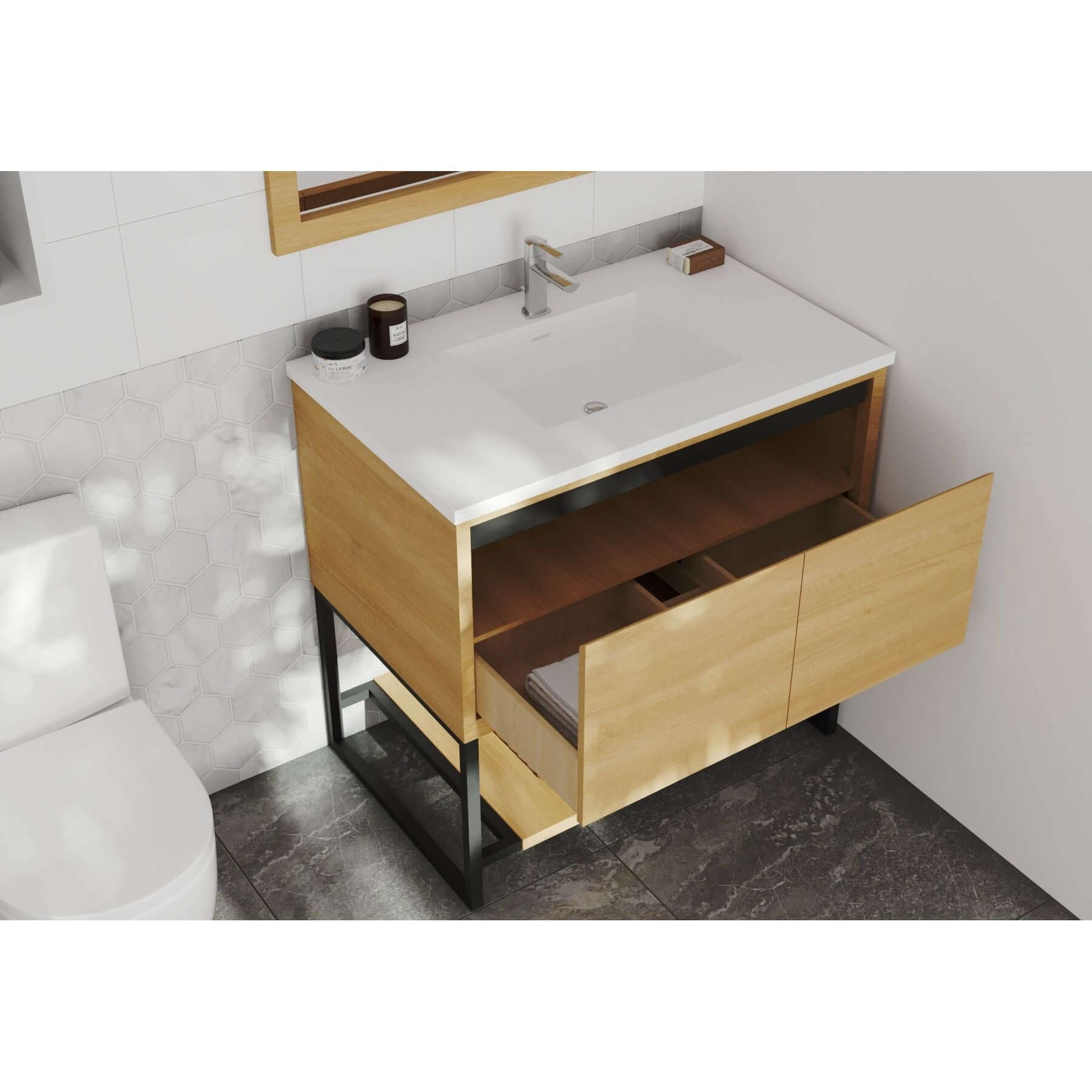 Alto 36" California White Oak Bathroom Vanity with Matte White VIVA Stone Solid Surface Countertop - 313SMR-36CO-MW