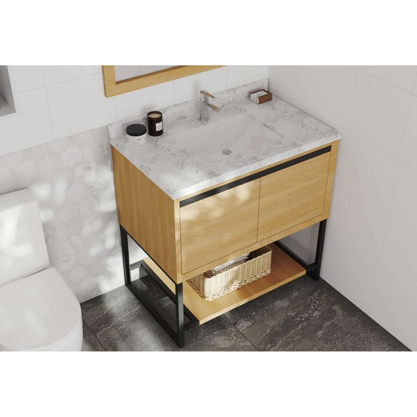 Alto 36" California White Oak Bathroom Vanity with White Carrara Marble Countertop - 313SMR-36CO-WC