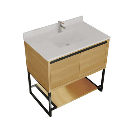 Alto 36" California White Oak Bathroom Vanity with White Quartz Countertop - 313SMR-36CO-WQ