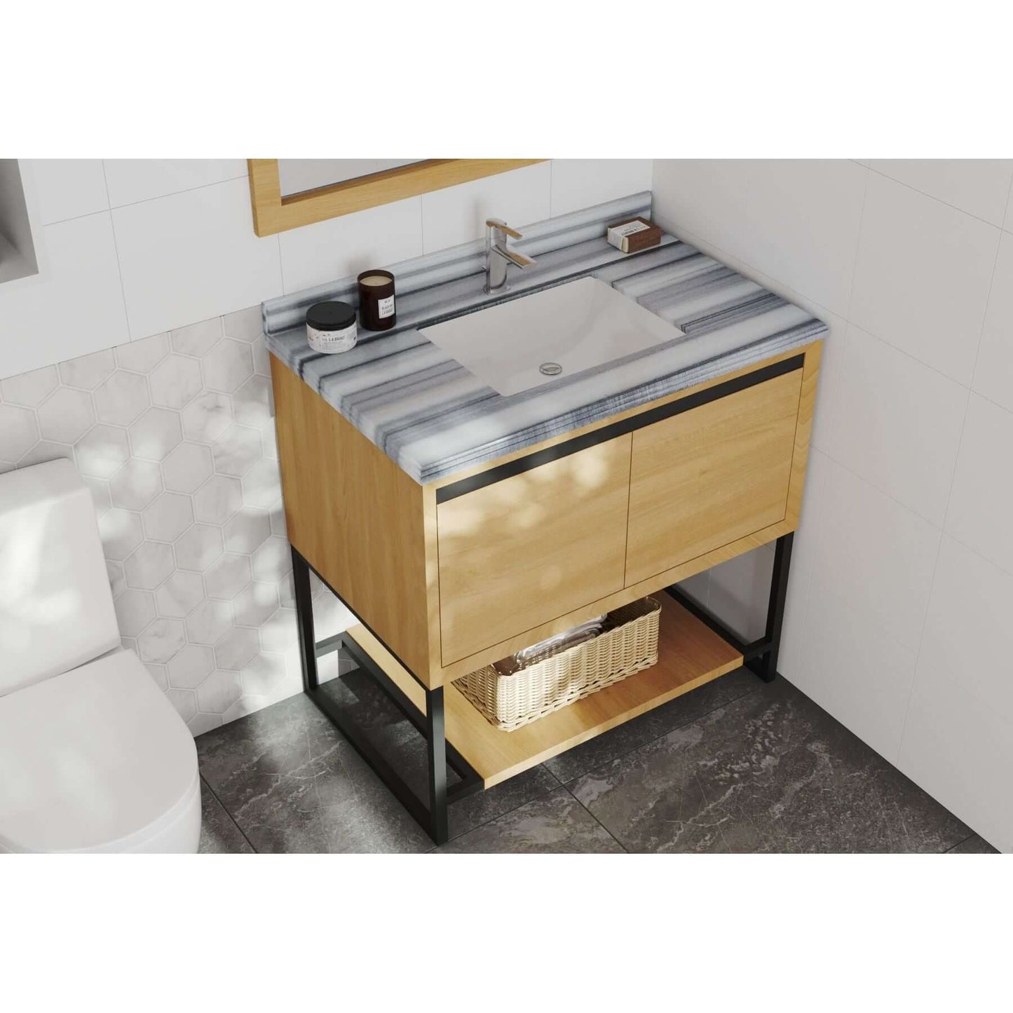 Alto 36" California White Oak Bathroom Vanity with White Stripes Marble Countertop - 313SMR-36CO-WS