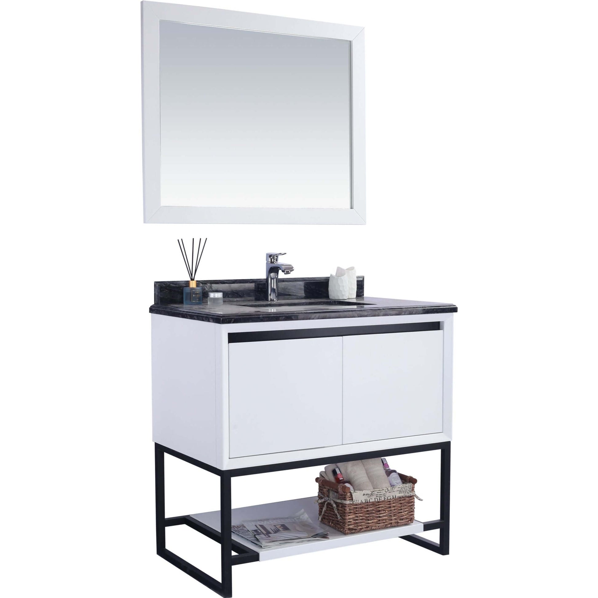 Alto 36" White Bathroom Vanity with Black Wood Marble Countertop - 313SMR-36W-BW