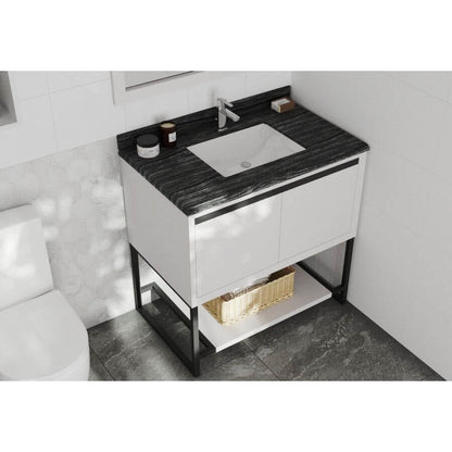 Alto 36" White Bathroom Vanity with Black Wood Marble Countertop - 313SMR-36W-BW