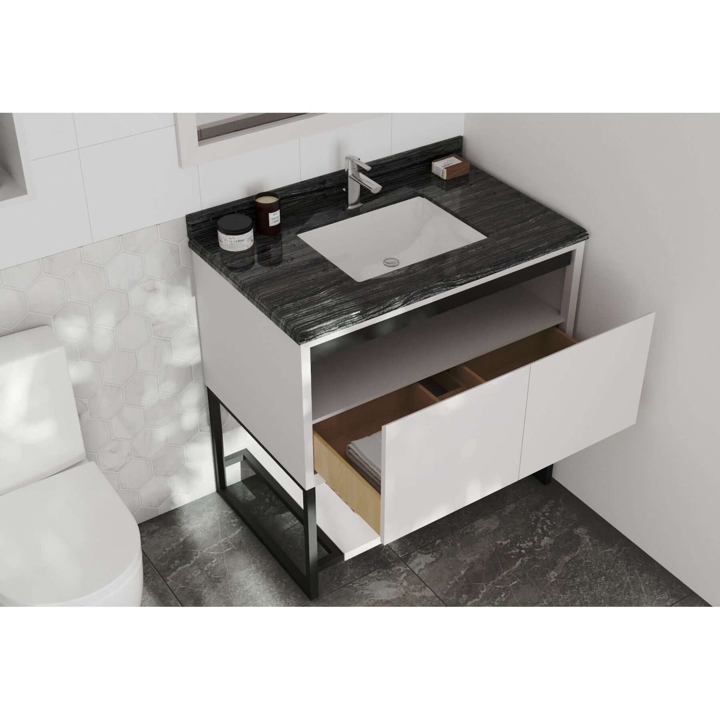 Alto 36" White Bathroom Vanity with Black Wood Marble Countertop - 313SMR-36W-BW