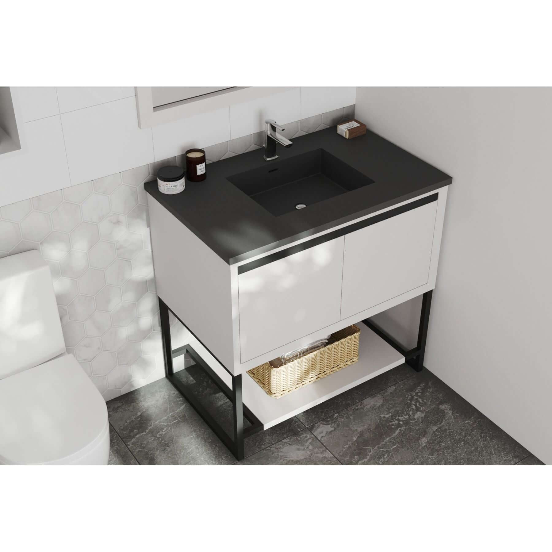 Alto 36" White Bathroom Vanity with Matte Black VIVA Stone Solid Surface Countertop - 313SMR-36W-MB