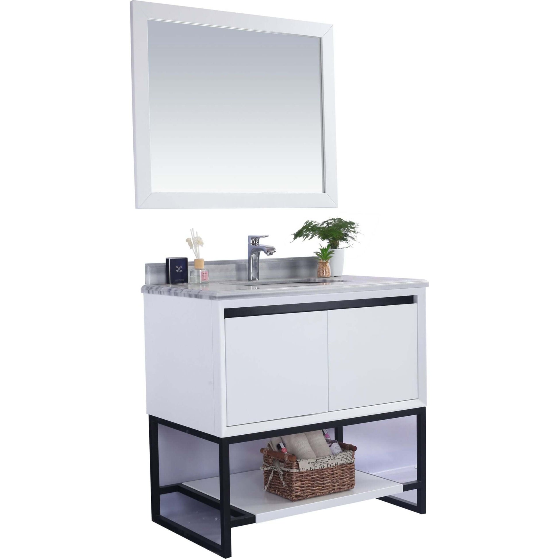 Alto 36" White Bathroom Vanity with White Stripes Marble Countertop - 313SMR-36W-WS