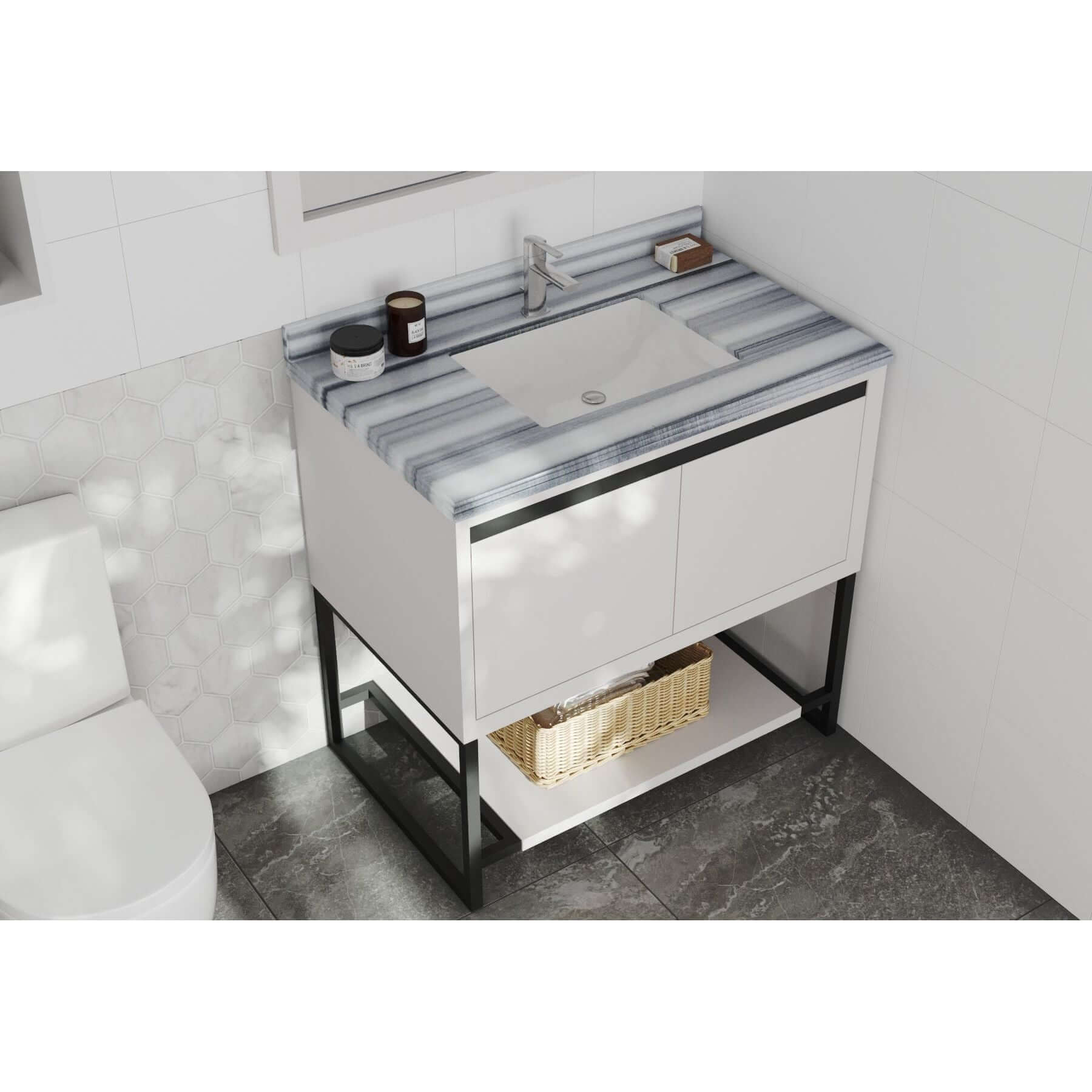 Alto 36" White Bathroom Vanity with White Stripes Marble Countertop - 313SMR-36W-WS