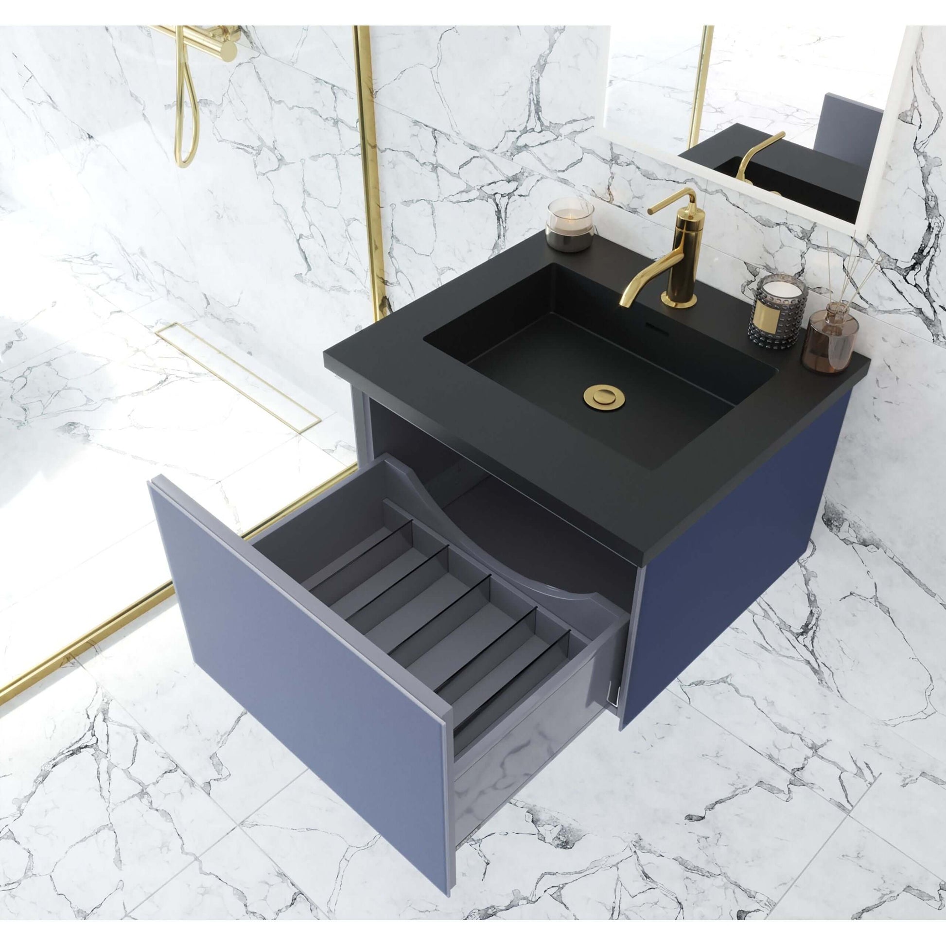 Vitri 24" Nautical Blue Bathroom Vanity with VIVA Stone Matte Black Solid Surface Countertop - 313VTR-24NB-MB