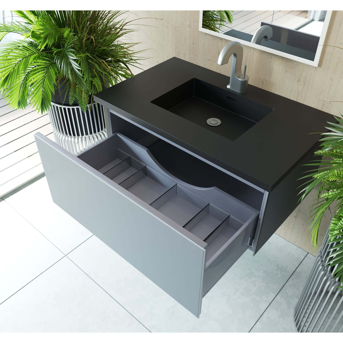 Vitri 36" Fossil Grey Bathroom Vanity with VIVA Stone Matte Black Solid Surface Countertop - 313VTR-36FG-MB