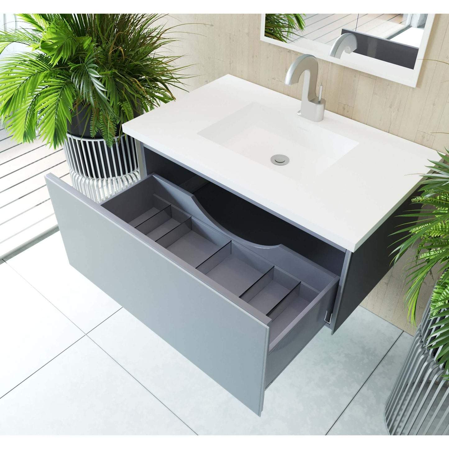 Vitri 36" Fossil Grey Bathroom Vanity with VIVA Stone Matte White Solid Surface Countertop - 313VTR-36FG-MW