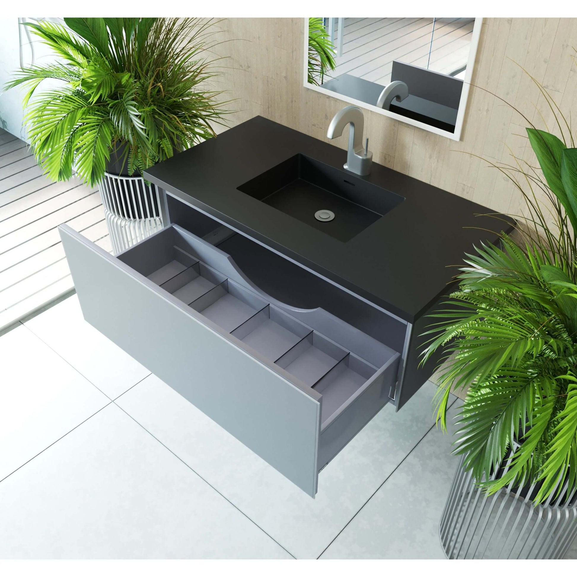 Vitri 42" Fossil Grey Bathroom Vanity with VIVA Stone Matte Black Solid Surface Countertop - 313VTR-42FG-MB