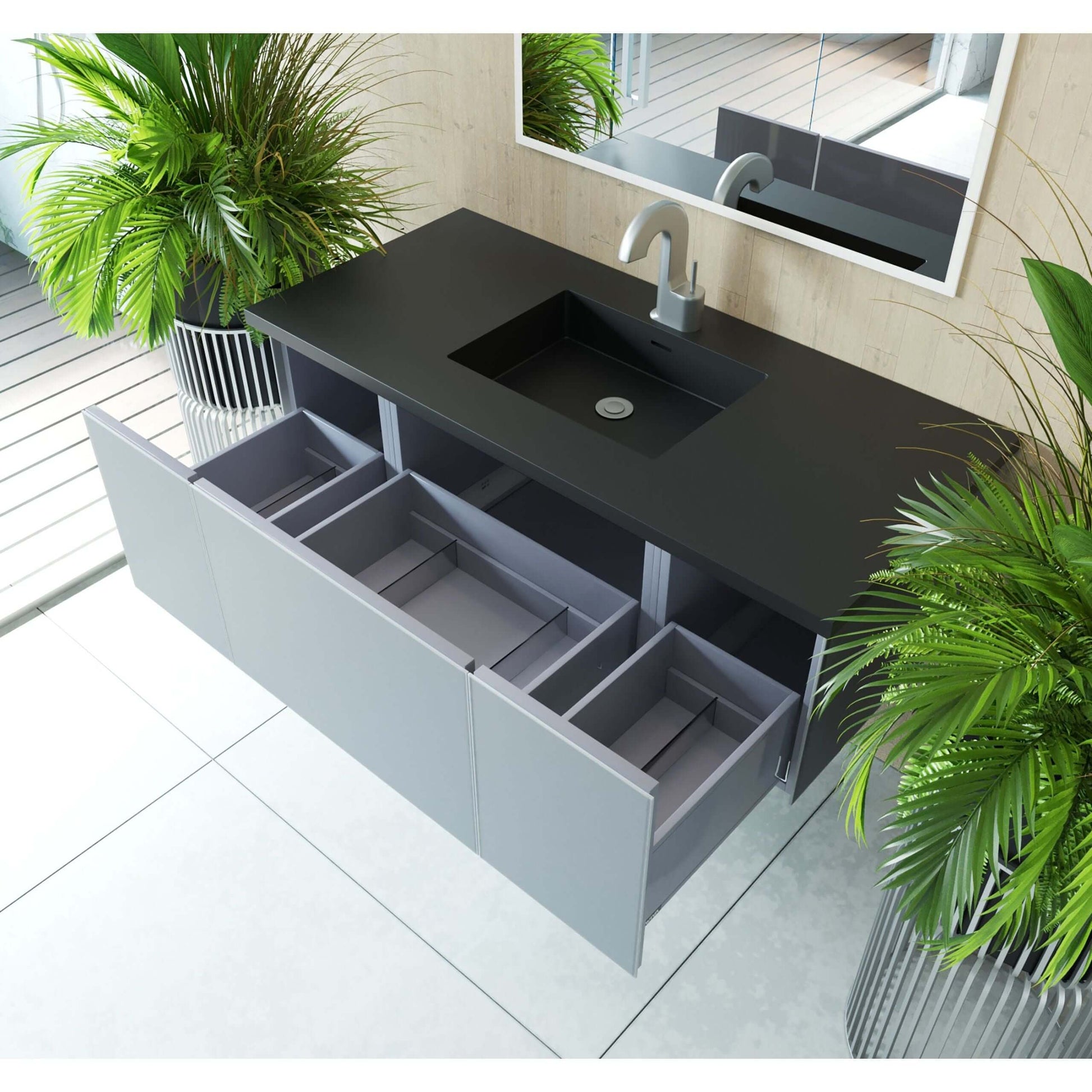 Vitri 48" Fossil Grey Bathroom Vanity with VIVA Stone Matte Black Solid Surface Countertop - 313VTR-48FG-MB